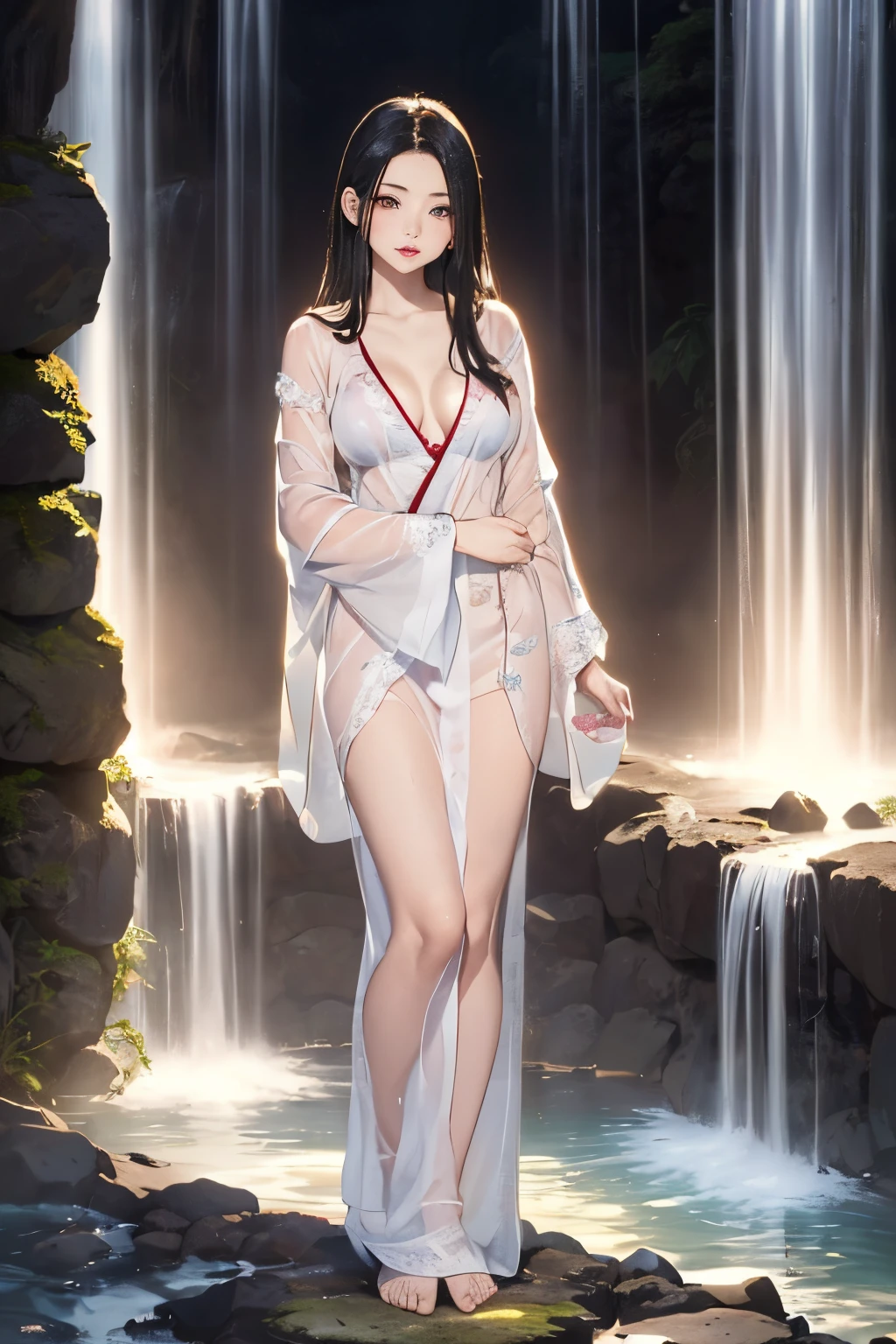 (((Standing in the middle of a waterfall on a moonlit night))),((beautiful woman standing in the middle of the pond:1)),((Beautiful half-naked woman in a beautiful waterfall basin)), ((Sharp bewitching eyes))、((A sexy))、(((See through Japanese nightgowns:1.3)))、((Japanese style nightgown with black base and yellow accents)), ((Kimono made of thin cloth wet with water:1)), pale skin、(Nipple bumps:1), (((1 girl in:1))), ((pale skin))、Melancholy beautiful face、Beautiful expression、Sexy face、Nipple bumps, (((Lower breast)))、(((Beautiful breasts ))), Beautiful 、Super fine face、Delicat eyes、(Double eyelids)、 (((1 Japan Woman)))、 Beautie, 20yr old,((See-through kimono)), (Show off by wearing Japanese revealing clothes),