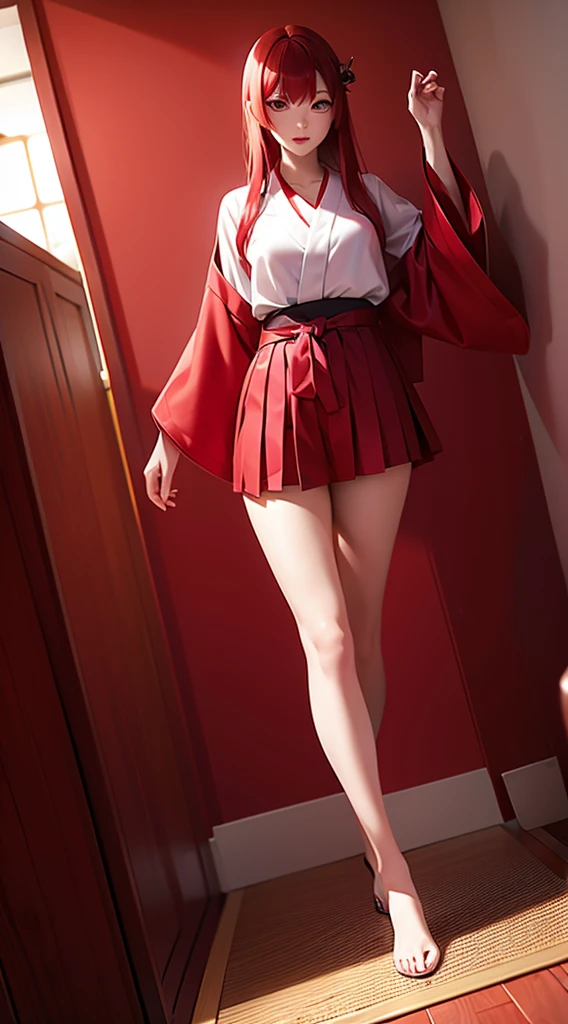 Red-haired、Diabolical、onimous、hakama mini skirt、Large chest eyes、Butt sticking out、slender girl