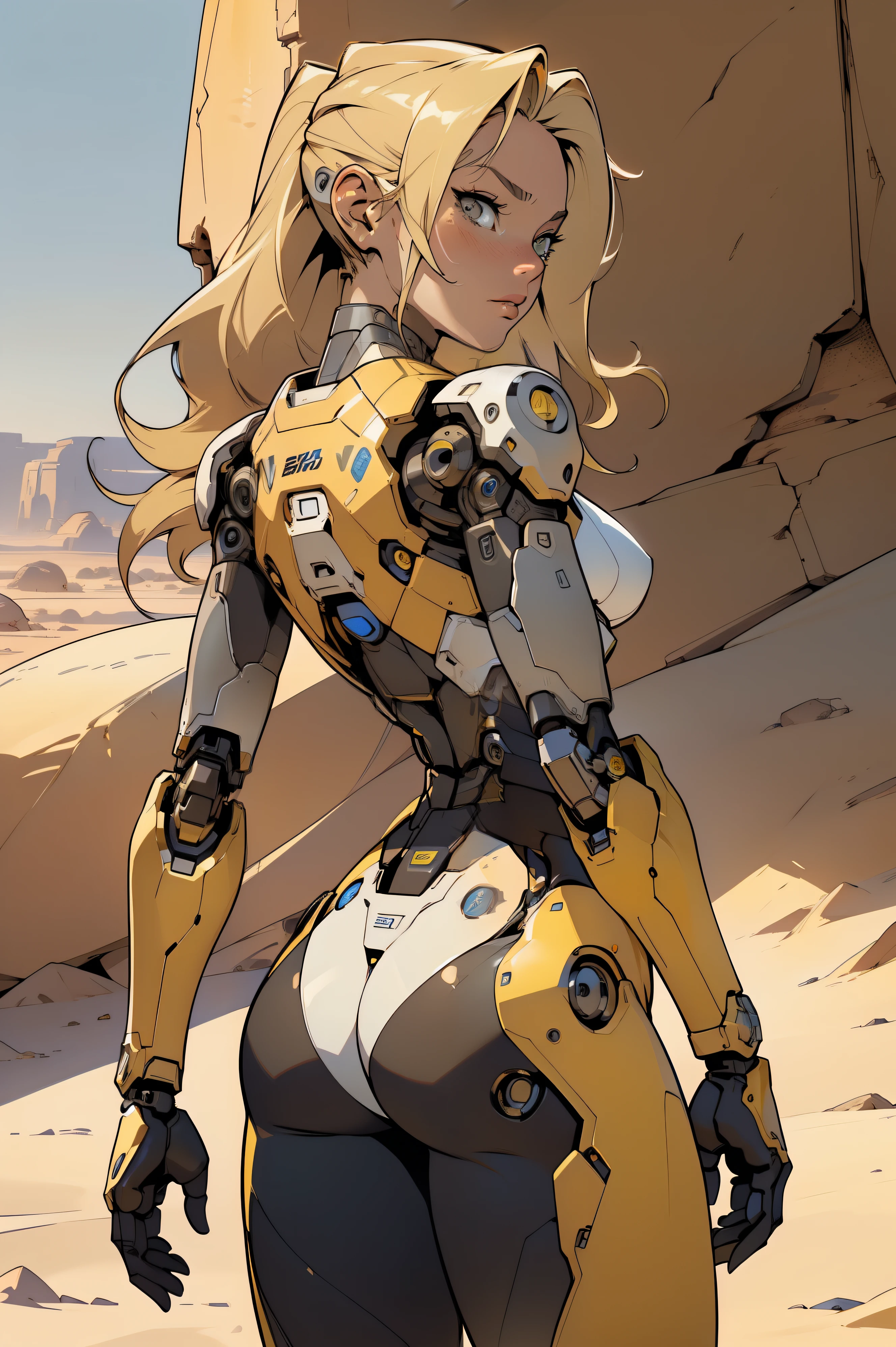 high quality, 4k, masterpiece, beautiful, cyborg girl, cowboy shot, dull eyes, back side, turning around to look at viewer, long blonde hair, girl, small breasts, fit thigh, robotic arms, robotic body, cyborg body, yellow accent, redaccent, intricate detail, joint, detailed lines, robotic detail, 1fist on hip, color robotic parts, robotic parts with color, perfect fingers, on a desert planet, sunny background, colorful desert,