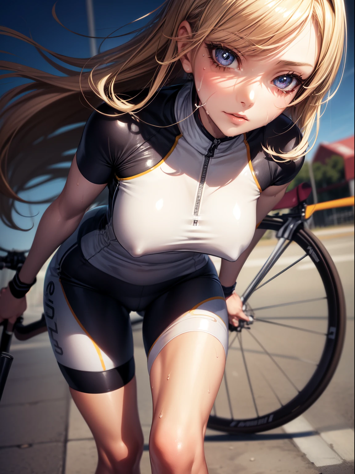 Best Quality, masutepiece,  High resolution, (Anime Heroine Illustration), Anime Paint, 1beautiful girl ,Dynamic Angle,Female Cyclist ,small head,Large breasts,Smart body,nice legs, Glowing skin, Sweat,At the bicycle road competition venue ,(Detailed beautiful face:1.4),detailed skins,Detailed eyes,detailed hairs,Detailed beautiful legs,