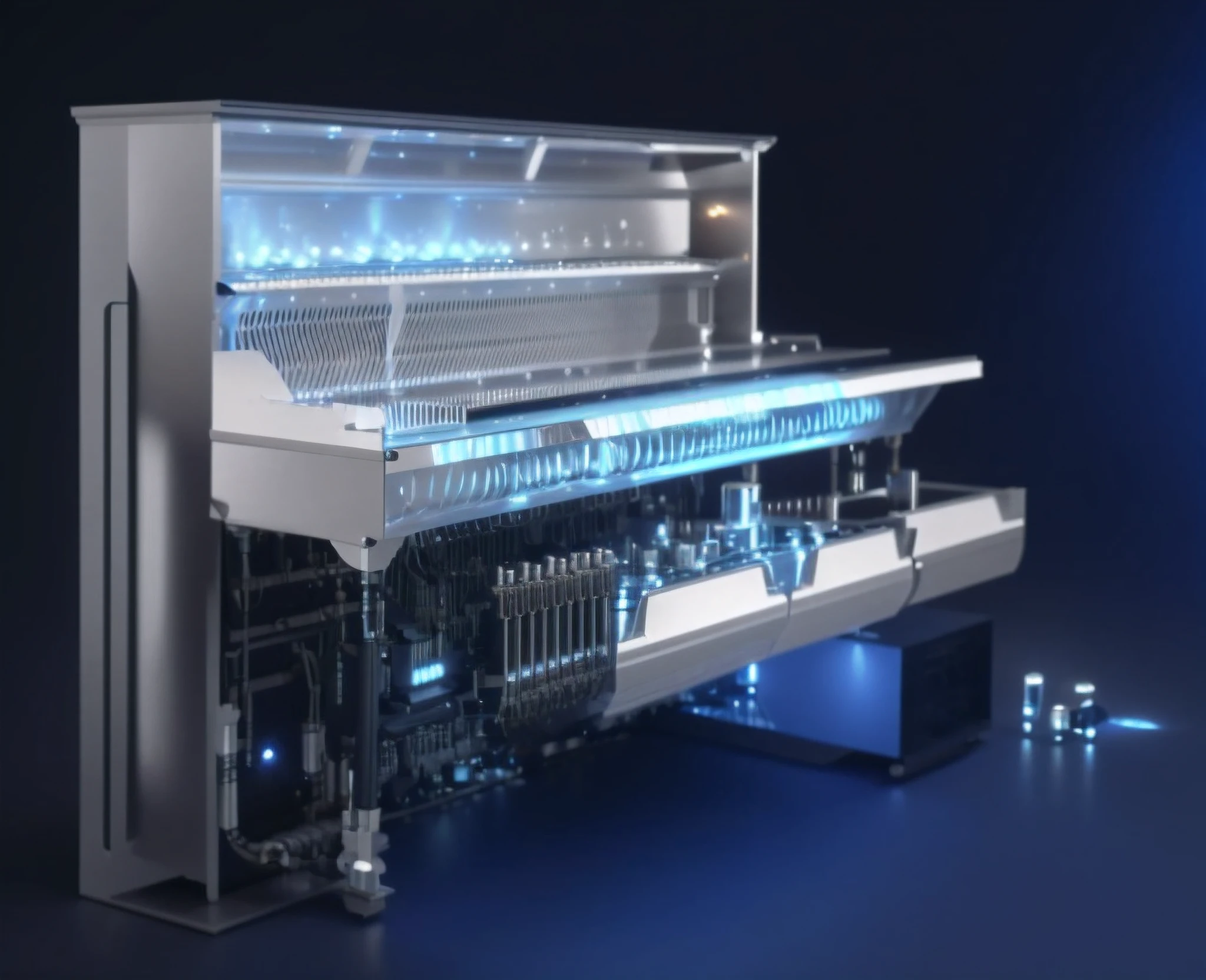 Close-up of piano,There is blue light on it, Machine cocktail music, Water, Liquid cooling, Ecolab industrial dishwashers, Quantum Computers, computer render, real pianos, computer graphics interface, production volume rendering, LED Horizon Zero Dawn machine, Product rendering, Liquid-cooled desktop, highly mechanical, computers and holograms, Ultimate detail,4K