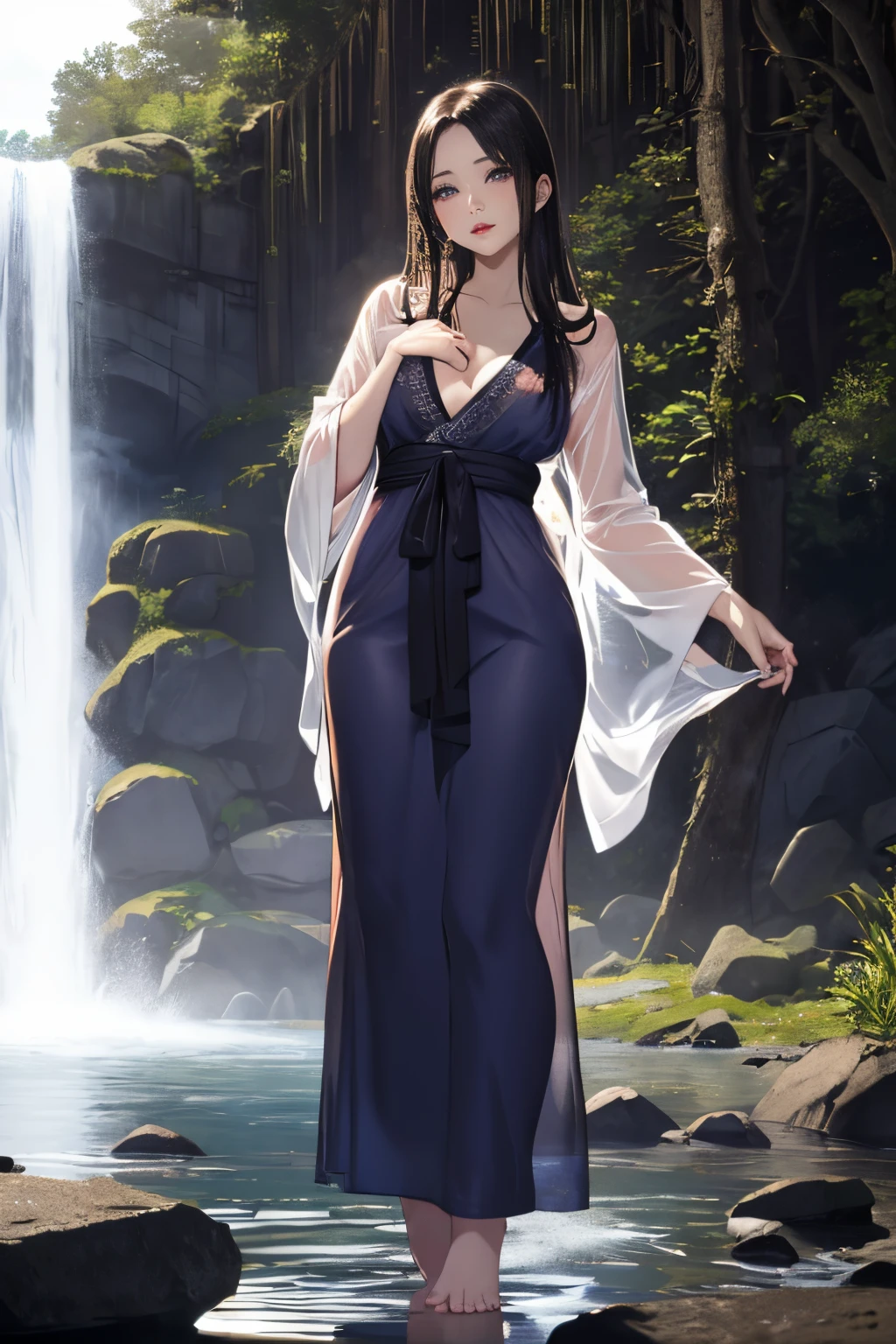 (((Standing in the middle of a waterfall on a moonlit night))),((beautiful woman standing in the middle of the pond:1)),((Beautiful half-naked woman in a beautiful waterfall basin)), ((Black Sexy Nightgown:1)), ((Sharp bewitching eyes))、((Obscene atmosphere))、(((See through Japanese nightgowns:1.3)))、((Japanese-style nightgown with a black base and yellow accents)), ((Kimono made of thin cloth wet with water:1)), pale skin、(Nipple bumps:1), (((1 girl in:1))), ((pale skin))、Melancholy beautiful face、Beautiful expression、Sexy face、Nipple bumps, (((Lower breast)))、(((Beautiful breasts ))), Beautiful 、Super fine face、Delicat eyes、(Double eyelids)、 (((1 Japan Woman)))、 Beautie, 20yr old,((See-through kimono)), (Show off by wearing Japanese revealing clothes),