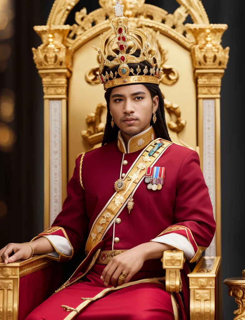 A photo of a king seated on his royal throne adorned with a golden crown studded with red and blue gemstones, captured in a regal setting during the golden hours of the day, taken with a Nikon D850 and a 85mm f/1.4 lens, illuminated by the soft glow of candlelight, showcasing a majestic portrait.
