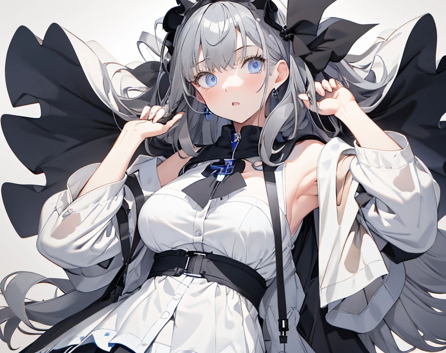 【Highest Quality, masutepiece】 [girl, Manteau, expressioness, blue eyess, Black hair, Happy, Upper body] (Gray white background:1.7), Surprised, Sheer,large full breasts