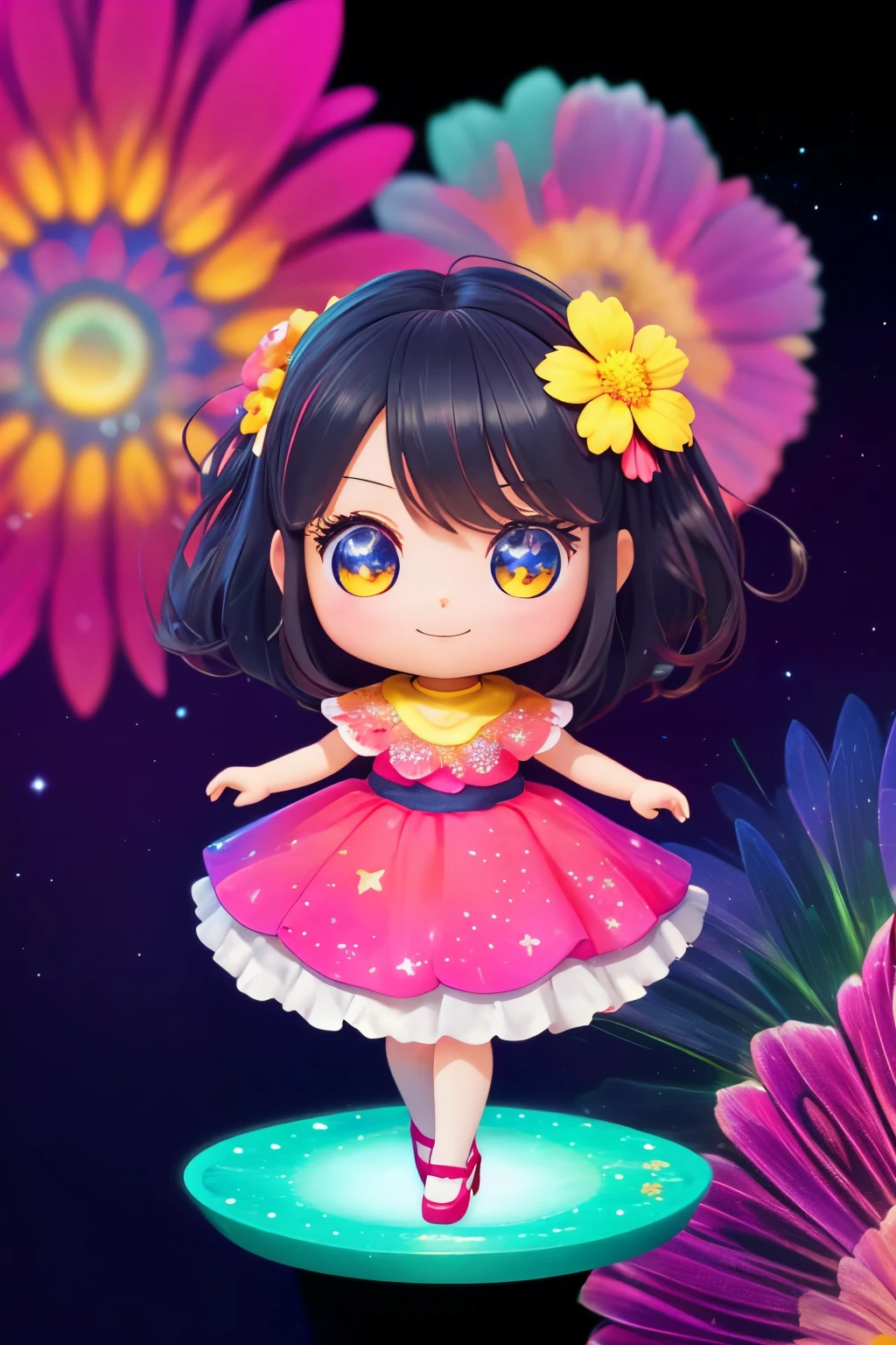 Extremely detailed,(Fractal Art:1.1),(Colorful:1.1)(Flowers:1.3)、 (Dynamic Pose), (Abstract background:1.3)、(Many colors:1.4)、Place one small doll on a circular stand、kawaii pose、A smile、A dark-haired、Chibi Doll、Stars in the eyes（kirakira）、Singing with microphone in hand、Eye Up、Laugh、Cute red shoes、Ultra Detail, radiant light、bio luminescent、Stronger bokeh effect、Taken from the side