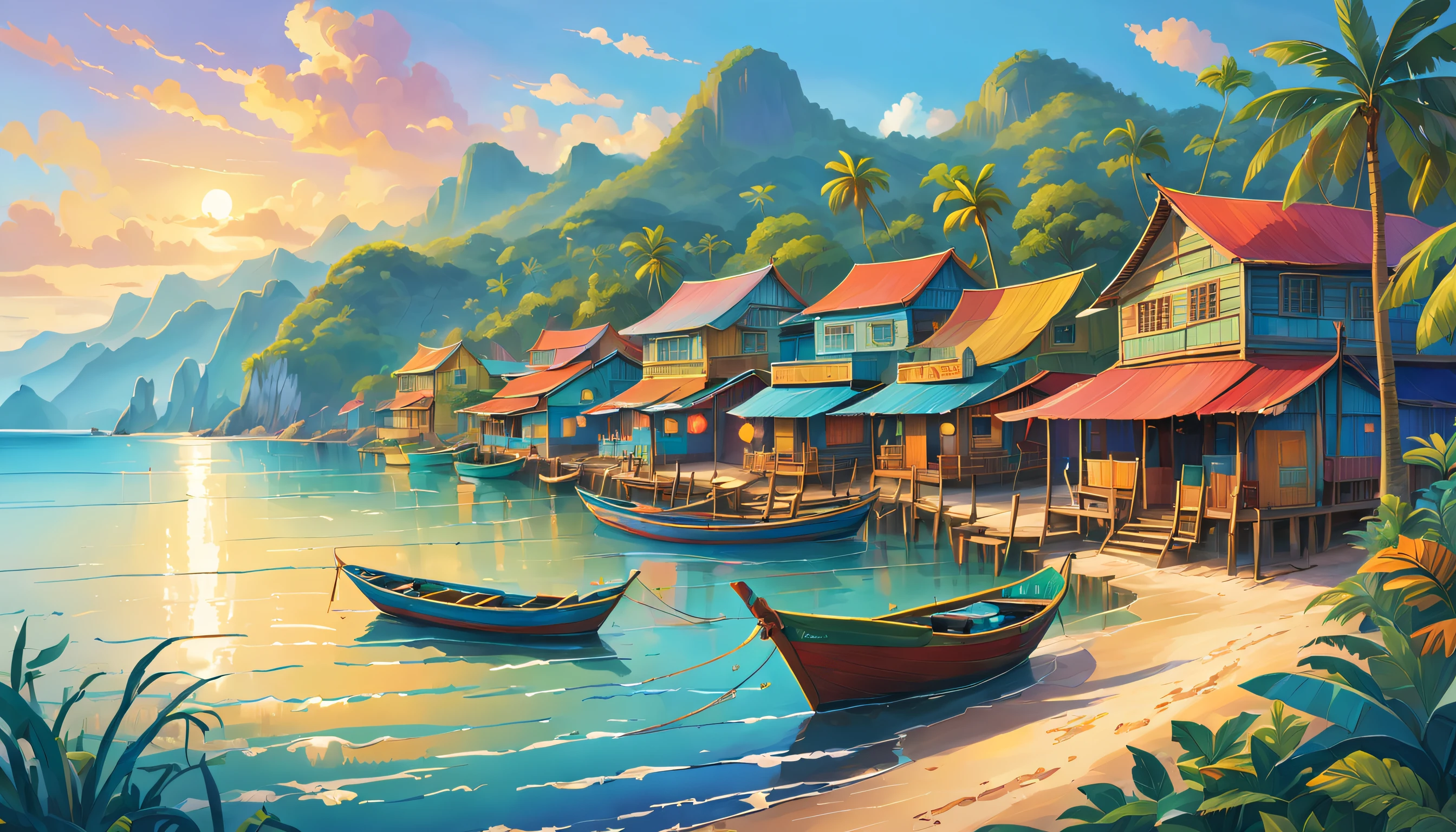 The vibrant fishing village of Malaysia comes to life in this enchanting 2D Disney-style artwork. From a straight shot eye view, you find yourself immersed in the picturesque scene. The azure waters of the sea stretch out before you, reflecting the golden rays of the sun. In the foreground, a charming fishing village emerges, with quaint wooden houses adorned with colorful facades. Palm trees sway gently in the breeze, adding a tropical touch to the landscape. As your gaze wanders towards the distance, a fleet of fishing boats gracefully dot the horizon. Each boat is meticulously illustrated, showcasing the intricate details of their design. The boats, painted in vibrant hues, create a captivating contrast against the serene backdrop of the sea. The skilled Disney-style artistry brings a touch of whimsy and magic to the entire composition. This image prompt invites you to explore the beauty and tranquility of a Malaysian fishing village, capturing the essence of its culture and natural surroundings. It serves as an inspiration for artists and storytellers to create their own tales set in this idyllic coastal haven.