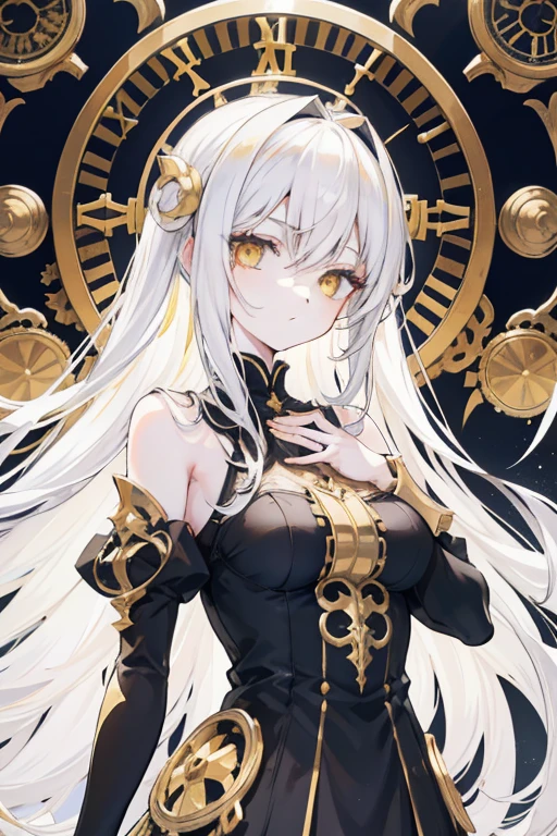 Anime Girl, Fair skin, long white hair, Beautiful yellow eyes, in a black and white dress, Emotionless face, Sideways body, Detailed golden and black accessories in her hair with a beautiful golden clockwork halo on top of her head, hands raised to chest level, Standing in front of the detailed clock tower at night, High resolution, 8K