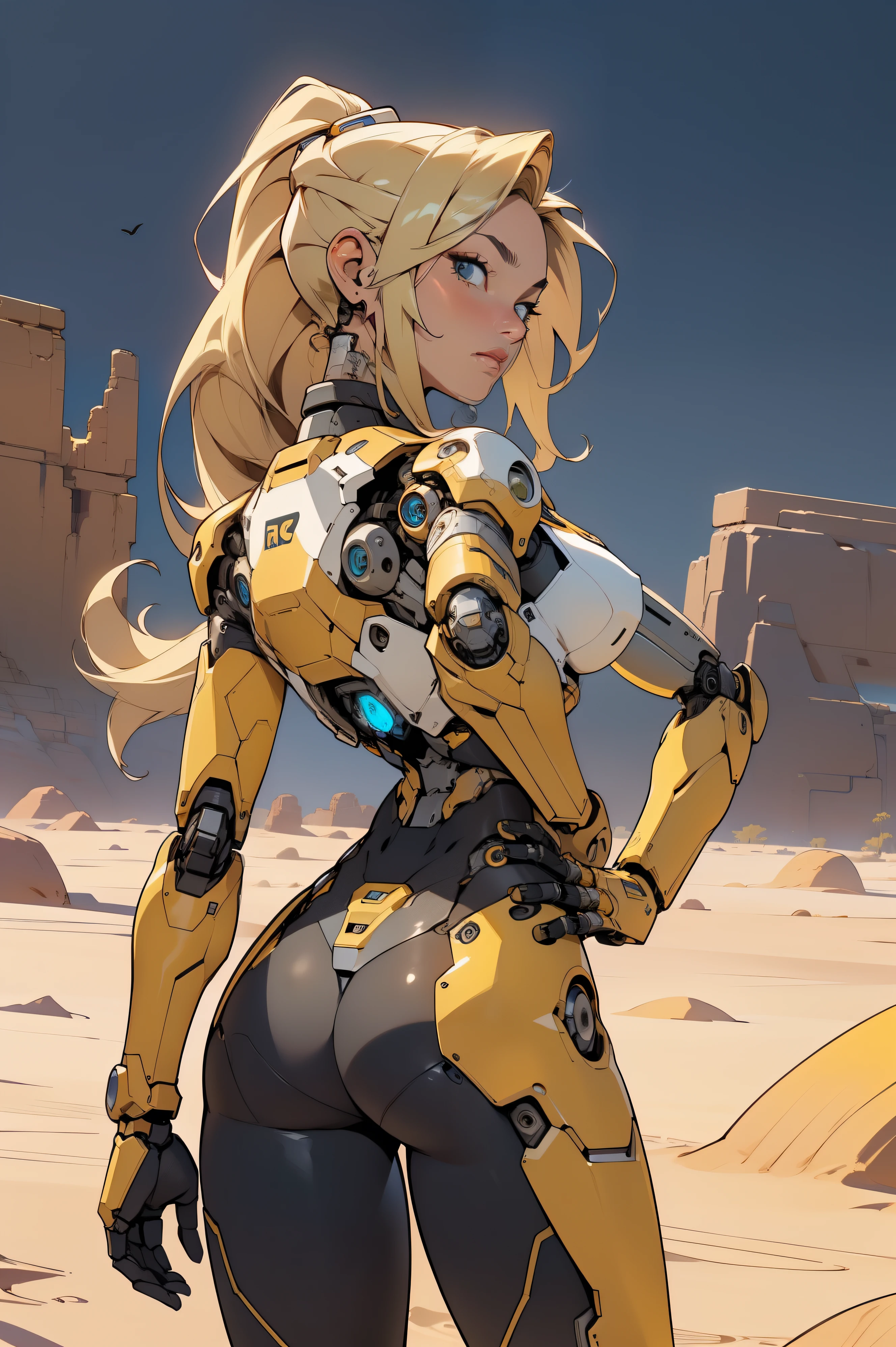 high quality, 4k, masterpiece, beautiful, cyborg girl, cowboy shot, dull eyes, back side, turning around to look at viewer, long blonde hair, girl, small breasts, fit thigh, robotic arms, robotic body, cyborg body, yellow accent, redaccent, intricate detail, joint, detailed lines, robotic detail, 1fist on hip, color robotic parts, robotic parts with color, perfect fingers, on a desert planet, sunny background, colorful desert,