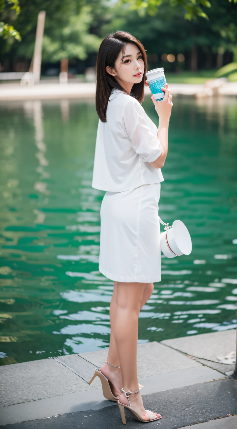 Career woman, standing, telephoto full body, back to the camera, holding a cup to catch water, HD, super fine, realistic, professional, sharp focus.