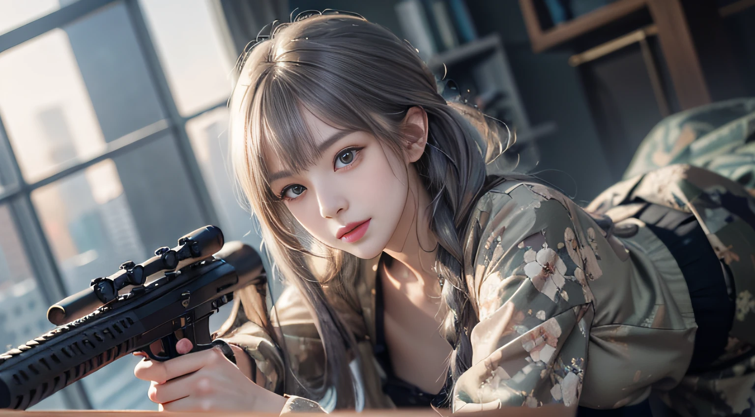 （Girl sleeping face down in big office）, Silver hair, Bangs, Blunt bangs, Long hair, Braiding（poneyTail）, aqua eyes, longeyelashes, Solid Circle Eyes, makeup, Open mouth, blush, Parted lips, Bright pupils, smiley, Seductive smile, glint, surrealism, Modern,（（ Camouflage blouse））、（（Camouflage print miniskirt））、(sniper rifle with silencer））（Peeking into the scope）Chiaroscuro, Chiaroscuro, depth of fields, One-person viewpoint,  From Side, F/1.8, 135 mm, canon,  nffsw, retinas, masutepiece, ccurate, Anatomically correct, Textured skin, Super Detail, high details, High quality, Best Quality, hight resolution, 1080p, hard disk, 4K, 8K、（Sniper regime）　（（Full Body Angle））、、Skyscrapers are hazy in the background A female sniper ambushes the roof of the building，armed with a sniper rifle、Aim at the enemy，Background，Ultra-high-definition photography，Mattia，Golden ratio,Chinese Woman、zora々Right、white under lingerie、short purple skirt、open navel、Long whit hair、A tall man、Black hair color、full body Esbian、Photorealsitic、Skin highlights、largeeyes、perfect anatomia，With a smile