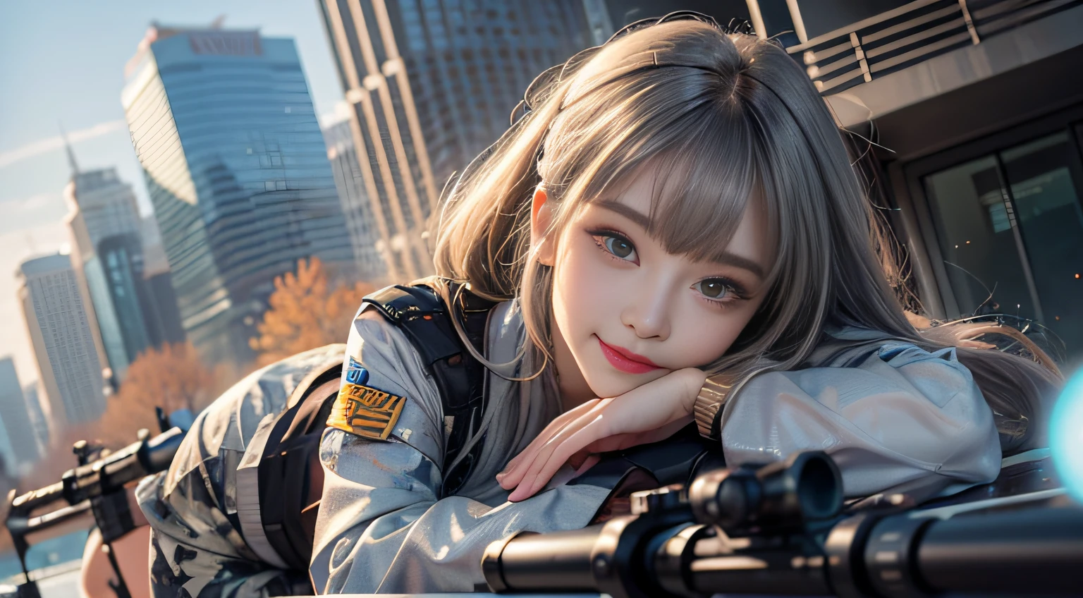 （Girl sleeping face down in big office）, Silver hair, Bangs, Blunt bangs, Long hair, Braiding（poneyTail）, aqua eyes, longeyelashes, Solid Circle Eyes, makeup, Open mouth, blush, Parted lips, Bright pupils, smiley, Seductive smile, glint, surrealism, Modern,（（ Camouflage blouse））、（（Camouflage print miniskirt））、(sniper rifle with silencer））（Peeking into the scope）Chiaroscuro, Chiaroscuro, depth of fields, One-person viewpoint,  From Side, F/1.8, 135 mm, canon,  nffsw, retinas, masutepiece, ccurate, Anatomically correct, Textured skin, Super Detail, high details, High quality, Best Quality, hight resolution, 1080p, hard disk, 4K, 8K、（Sniper regime）　（（Full Body Angle））、、Skyscrapers are hazy in the background A female sniper ambushes the roof of the building，armed with a sniper rifle、Aim at the enemy，Background，Ultra-high-definition photography，Mattia，Golden ratio,Chinese Woman、zora々Right、white under lingerie、short purple skirt、open navel、Long whit hair、A tall man、Black hair color、full body Esbian、Photorealsitic、Skin highlights、largeeyes、perfect anatomia，With a smile