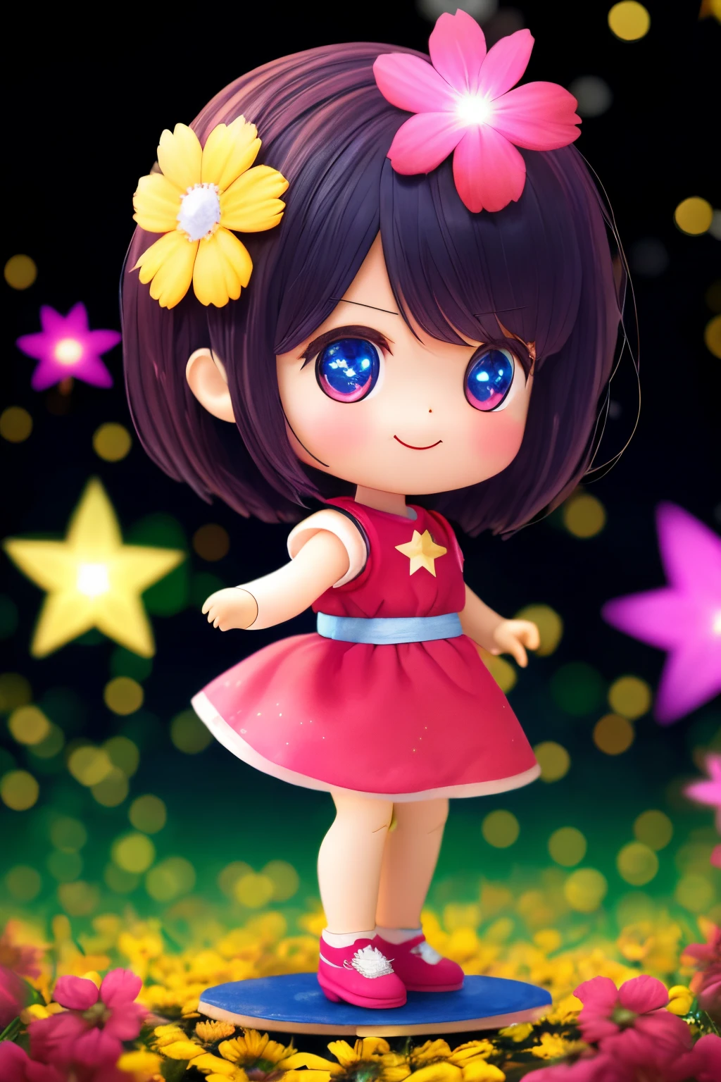 Extremely detailed,(Fractal Art:1.1),(Colorful:1.1)(Flowers:1.3)、 (Dynamic Pose), (Abstract background:1.3)、(Many colors:1.4)、Place one small doll on a circular stand、kawaii pose、A smile、A dark-haired、Chibi Doll、Stars in the eyes（kirakira）、Singing with microphone in hand、Eye Up、Laugh、Cute red shoes、Ultra Detail, radiant light、bio luminescent、Stronger bokeh effect、Taken from the side