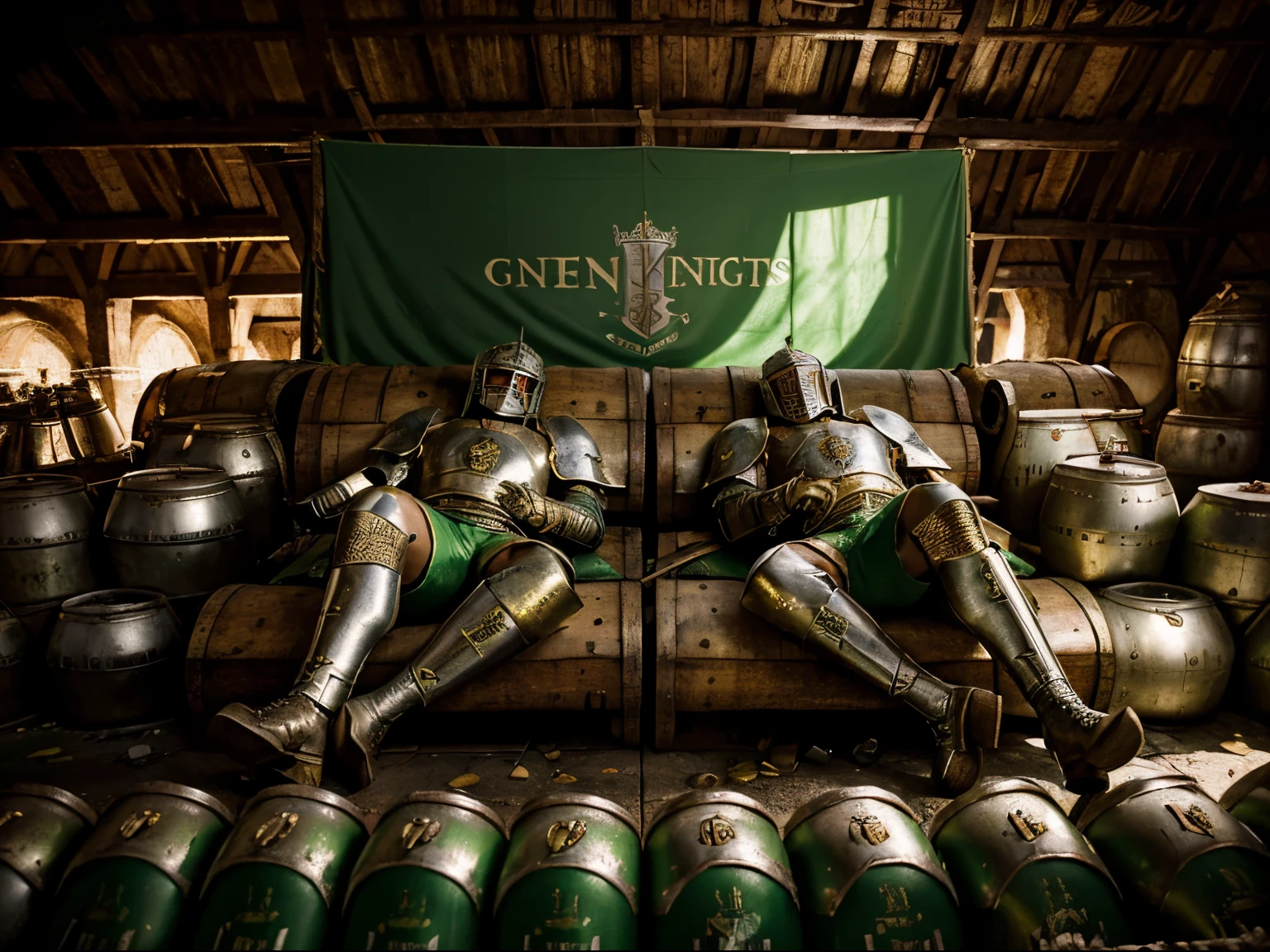 Drunken Medieval ((knights)) in green and gold Armor are ((sleeping)) among empty beer kegs and barrels, medieval painting, (empty beer cans scattered around), in cave, eerie atmosphere, buddies, documentary, green and gold aesthetic