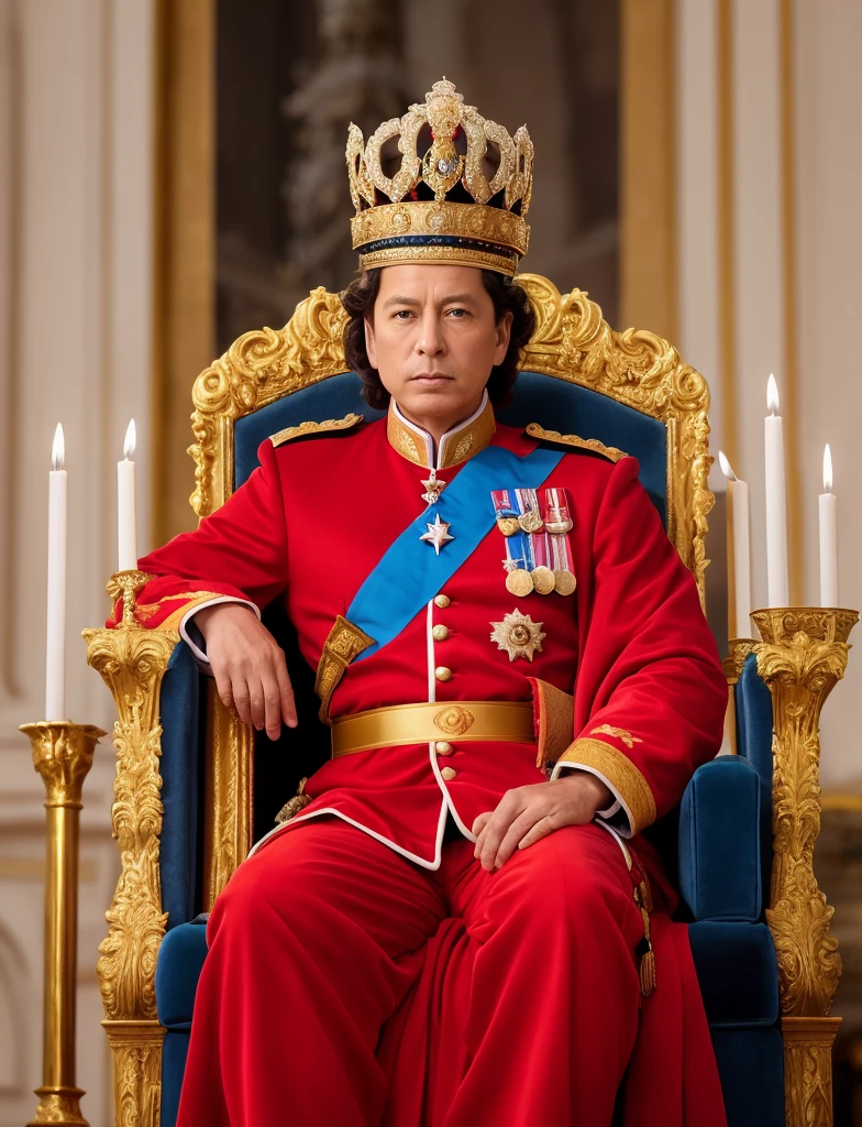 A striking image capturing the dignified European king seated on his royal throne, donning an impressive gold crown with red and blue gemstone embellishments, and dressed in a majestic red feathered robe. Taken in the splendor of the palace during the evening, with a Panasonic Lumix S1R and a 50mm f/1.8 lens, lit by the warm glow of strategically placed candles, presenting the king's regal presence in a timeless portrait.