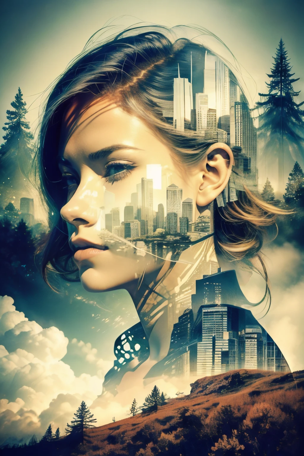 Mountains, forests and grasslands, Foggy cityscape in the distance,1 very beautiful girl,城市: 0.33,Immerse yourself in the immense wind current,living in white clouds,behind the clouds,(double exposure: 1.5),photography of:Brandon Woelfelmist,Surreal dreams,Ethereal atmosphere, Sunny days,dyna,usufruct,HighDynamicRange,contours,globalillumination,RGB color,Colorful paintings,High- sharpness,8K,Ghibli colors,cubismo,UHD,anatomy correct,textureskin,precise,tmasterpiece,A high resolution,Award-Awarded,double exposure