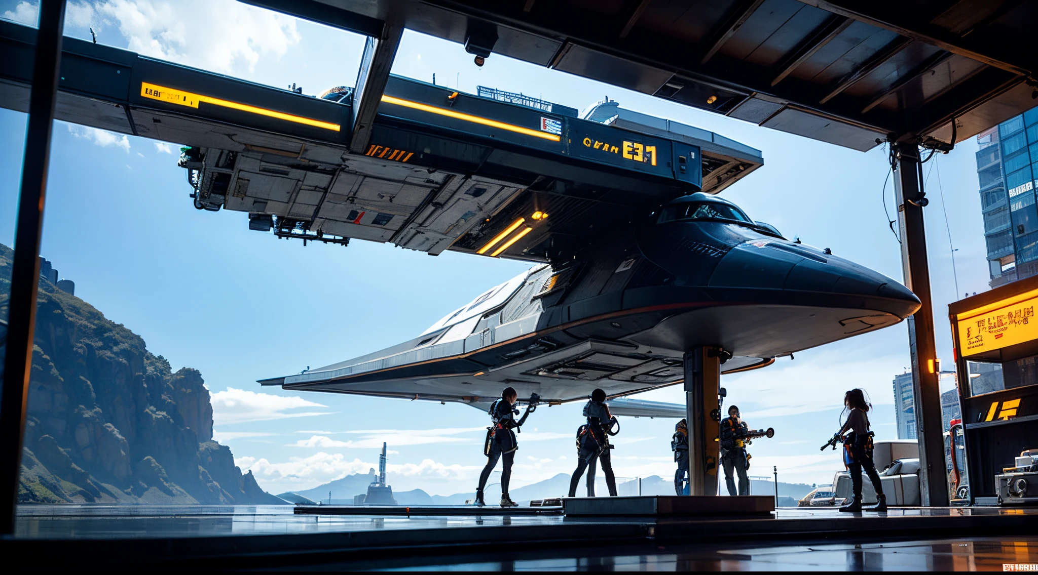spaceship repair shop,The female maintenance worker opened the side of the spacecraft hull and began repairs,Female maintenance worker supermodel figure,Sexy action。Futuristic sci-fi style,hyperrealistic picture,