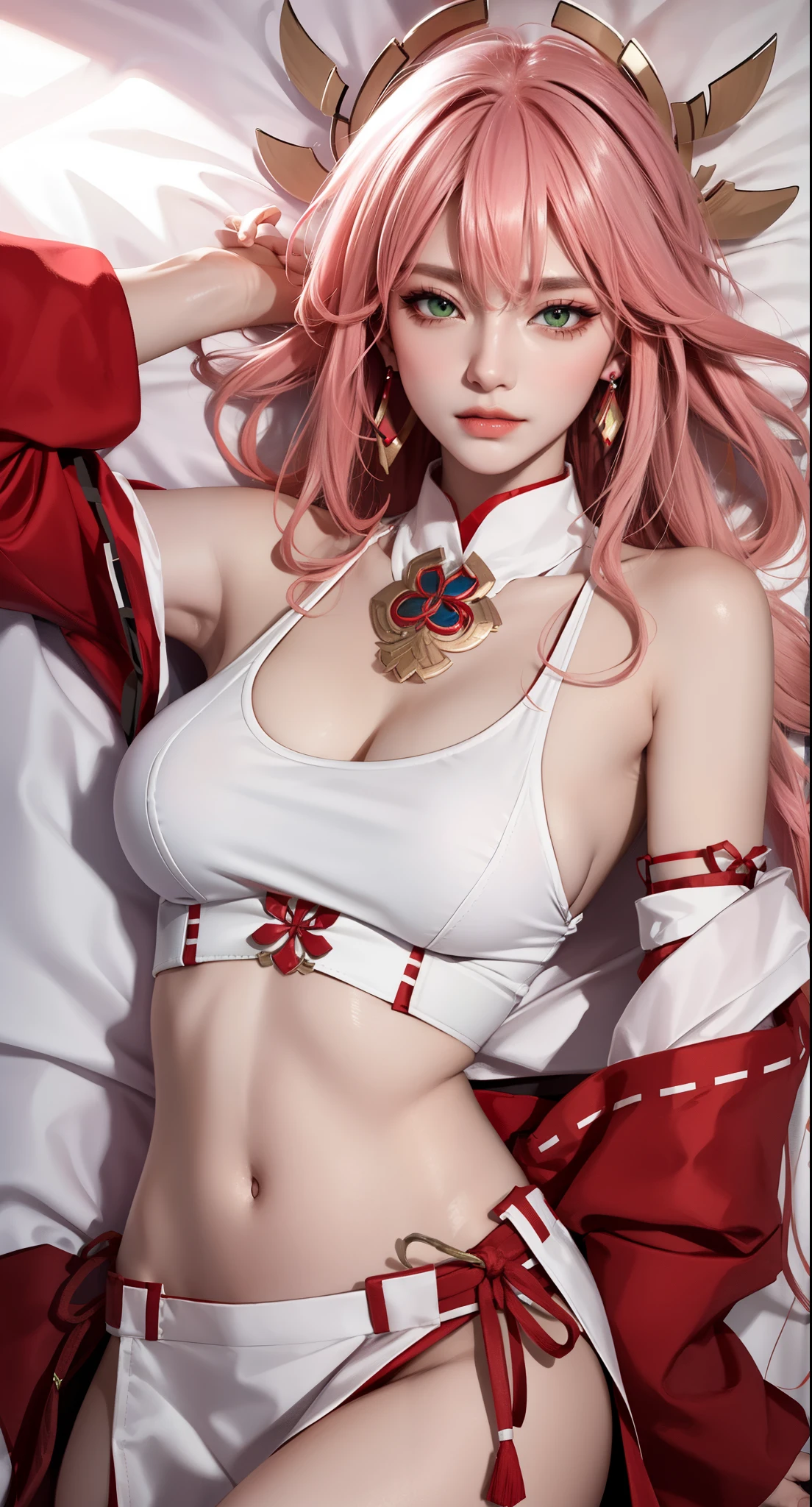 on bed, lying on bed sexy, (Masterpiece, Excellent, 1girl, solo, complex details, color difference), realism, ((medium breath)), off-the-shoulders, big breasts, sexy, Yae Miko, long pink hair, red headdress, red highlight, hair above one eye, green eyes, earrings, sharp eyes, perfectly symmetrical figure, choker, neon shirt, open jacket, turtleneck sweater, graffiti, dim lighting, alley, looking at the audience, ((mean, seductive, charming)), (dynamic sexy pose), tulle, bare shoulders, blooming flower fields, radiant skin, faint smile, sexy, bust, no breast cover, naked, cocked ass, tummy look