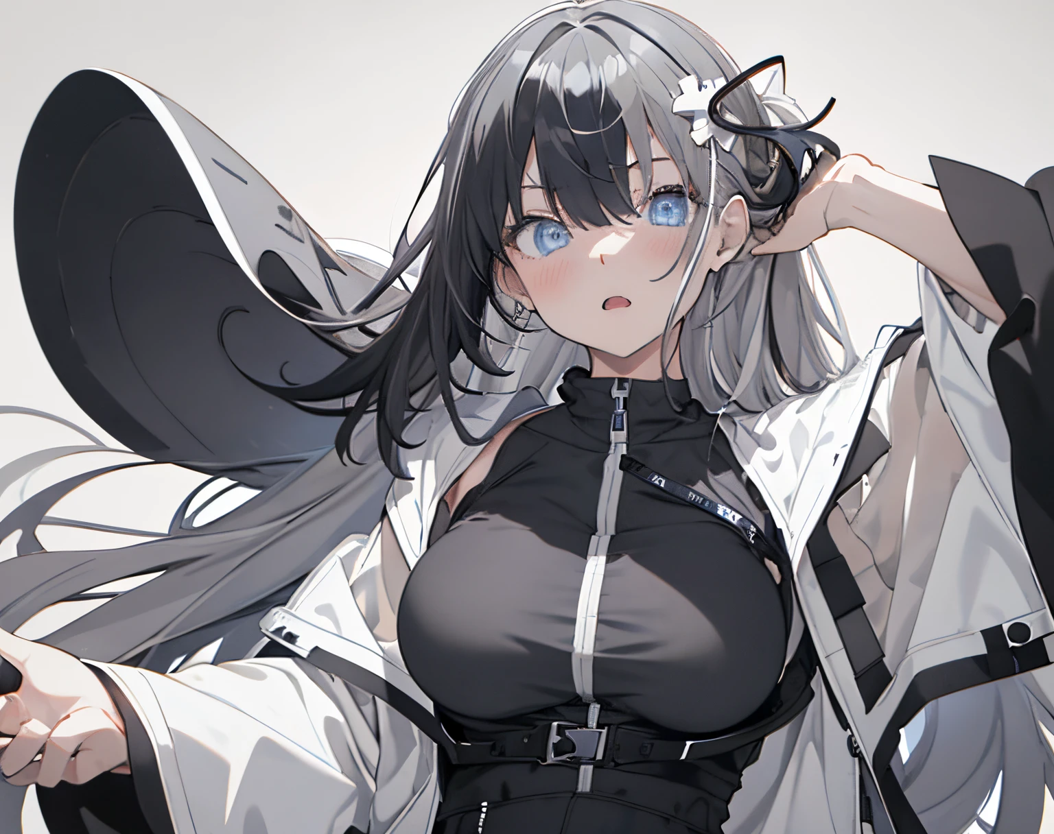 【Highest Quality, masutepiece】 [girl, Manteau, expressioness, blue eyess, Black hair, Happy, Upper body] (Gray white background:1.7), Surprised,large full breasts