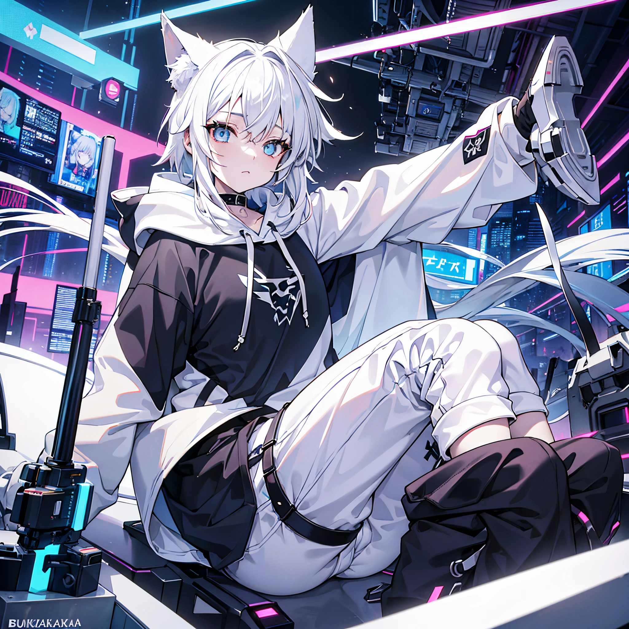 white hair、Wolfcut、Wolf ears、cyberpunked、Anime Drawing、1 person only、colorful backdrop、1 Beautiful Girl、Bukabuka Hoodie、Bukabuka pants