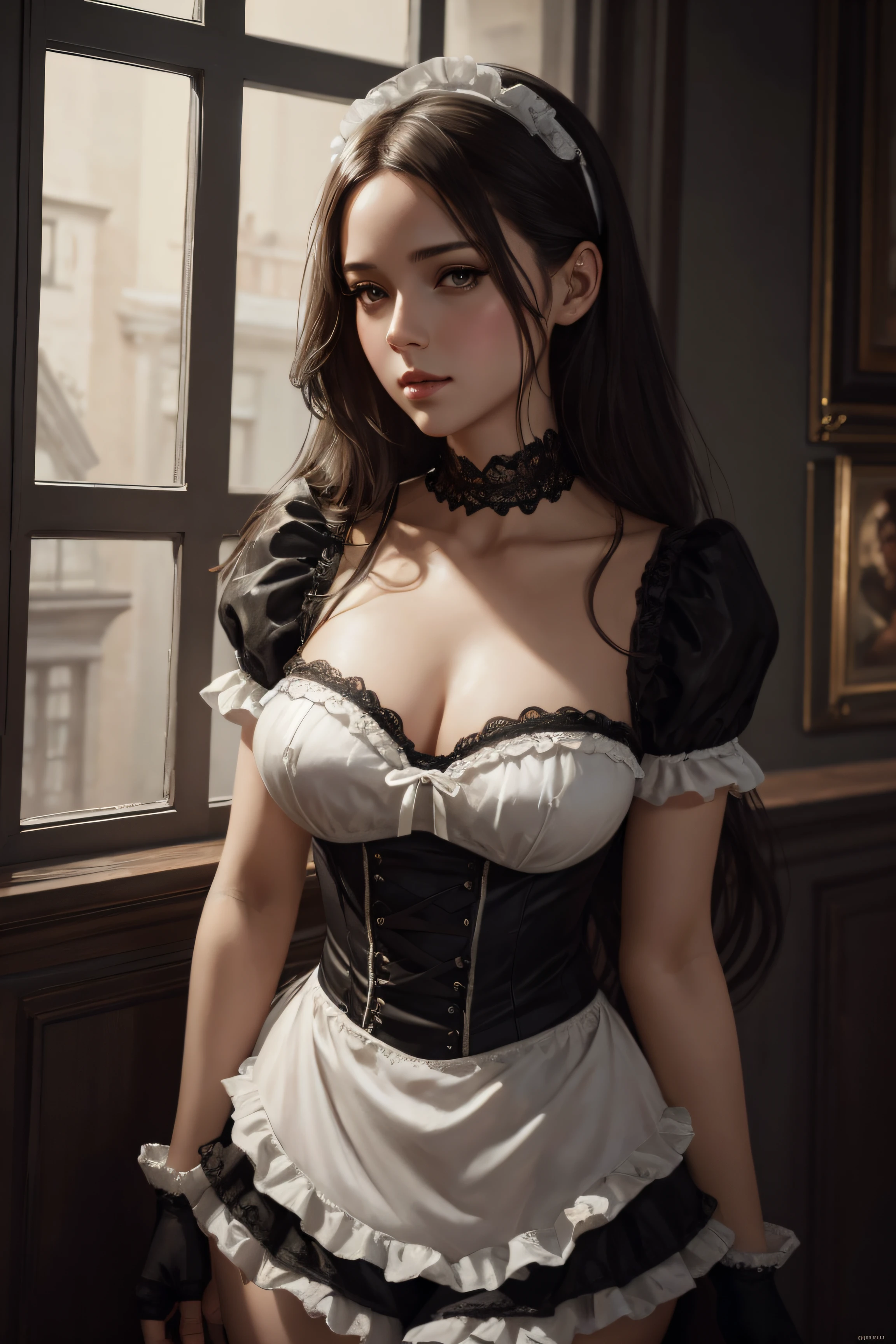 Alba Baptista, french maid sexy clothes, character portrait, 4 9 9 0 s, long hair, intricate, elegant, highly detailed, digital painting, artstation, concept art, smooth, sharp focus, illustration, art by wlop, charlie bowater and alexandra fomina