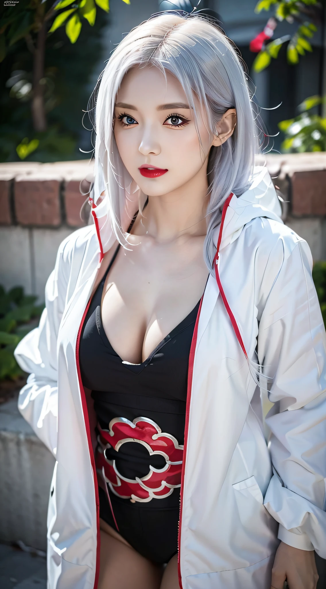 Best quality, masterpiece, high resolution, (perfect body shape), 1girl, detailed face, red lips, white hair, AKATSUKI OUTFIT, ninja, black cloak, black coat, sharingan eyes