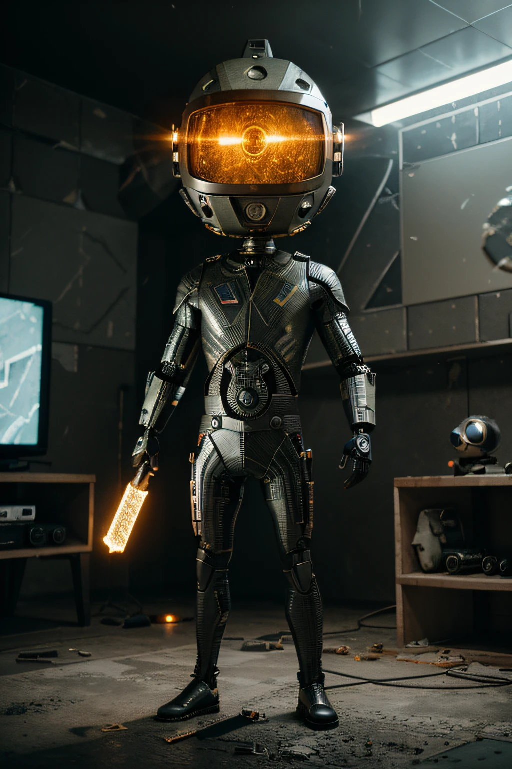 A Modern flat toon Crazy whit a Big ONE a Only Eye Robot and helmet Style, tongs in hands, Tv head, pinhead, camouflage yellow white Pibnk Rusty, Ambient in a meteorite crater super detailed, center, beautiful, soft lighting, focused on the character, 4K resolution, photorealistic rendering,