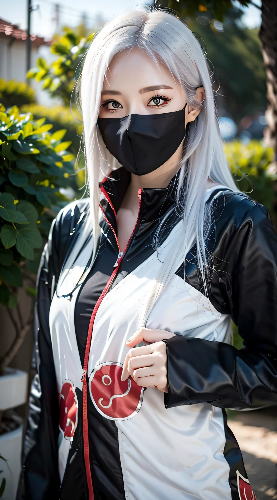 Best quality, masterpiece, high resolution, (perfect body shape), 1girl, detailed face, red lips, white hair, AKATSUKI OUTFIT, ninja, black cloak, black coat, sharingan eyes