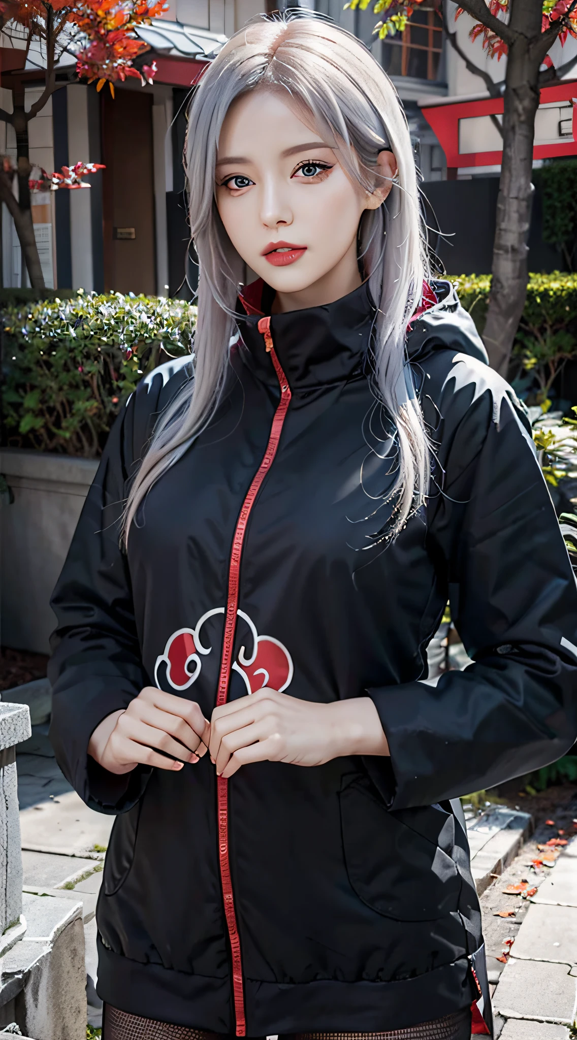 Best quality, masterpiece, high resolution, (perfect body shape), 1girl, detailed face, red lips, white hair, AKATSUKI OUTFIT, ninja, black cloak, black coat, sharingan eyes