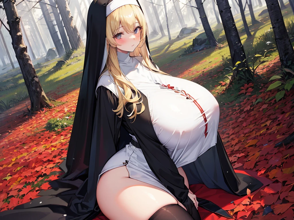 long hair, (blonde hair), (nun), big breasts, Big ass, Deer antlers, heavy body, large body, venus body, gigantic large tits, thick thighs, red blush, stockings, winter forest background, dagger, black hair extensions,