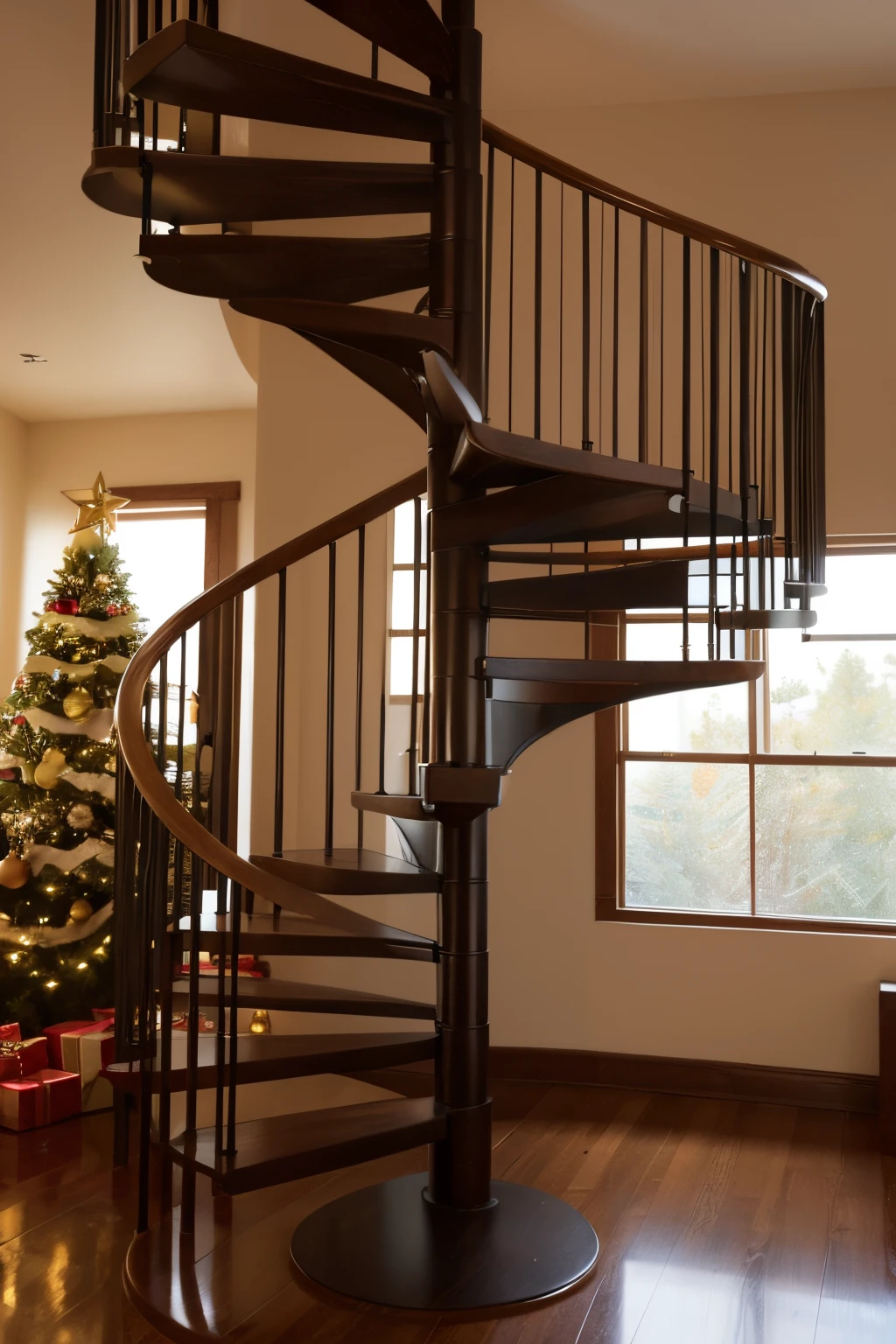 There is a Christmas tree on the left side of the American retro spiral staircase, actual, photore, kanon, It's like a dream, Artistically, . Ultra-detailed photo realism