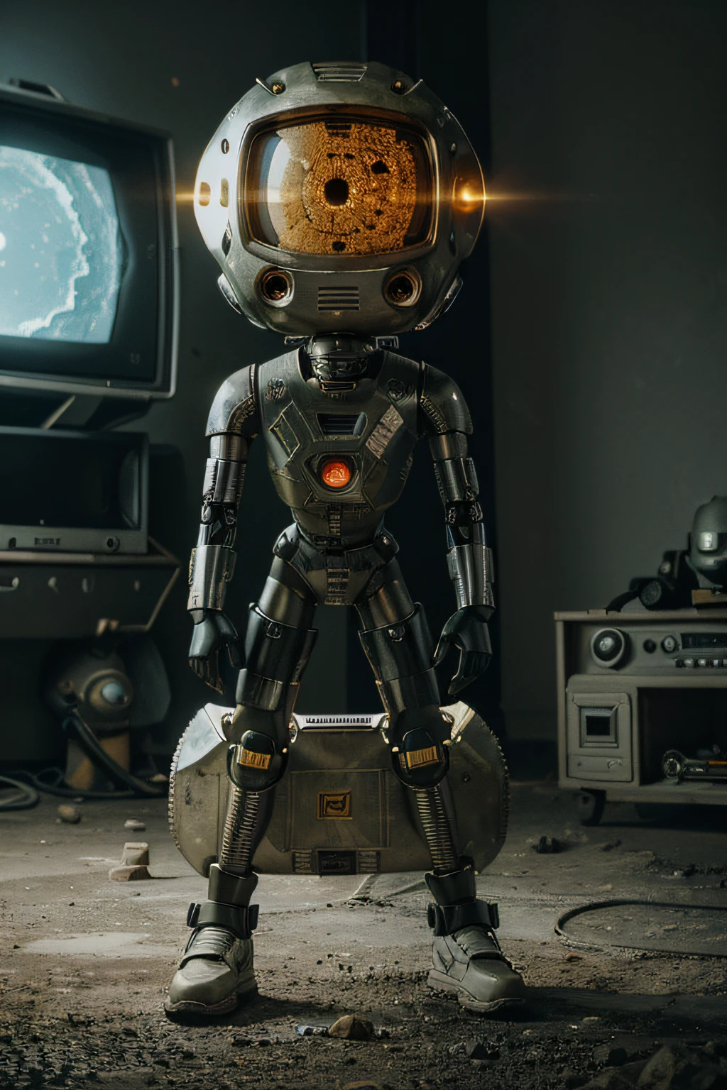 A Modern flat toon Crazy whit a Big ONE a Only Eye Robot and helmet Style, tongs in hands, Tv head, pinhead, camouflage yellow white Pibnk Rusty, Ambient in a meteorite crater super detailed, center, beautiful, soft lighting, focused on the character, 4K resolution, photorealistic rendering,