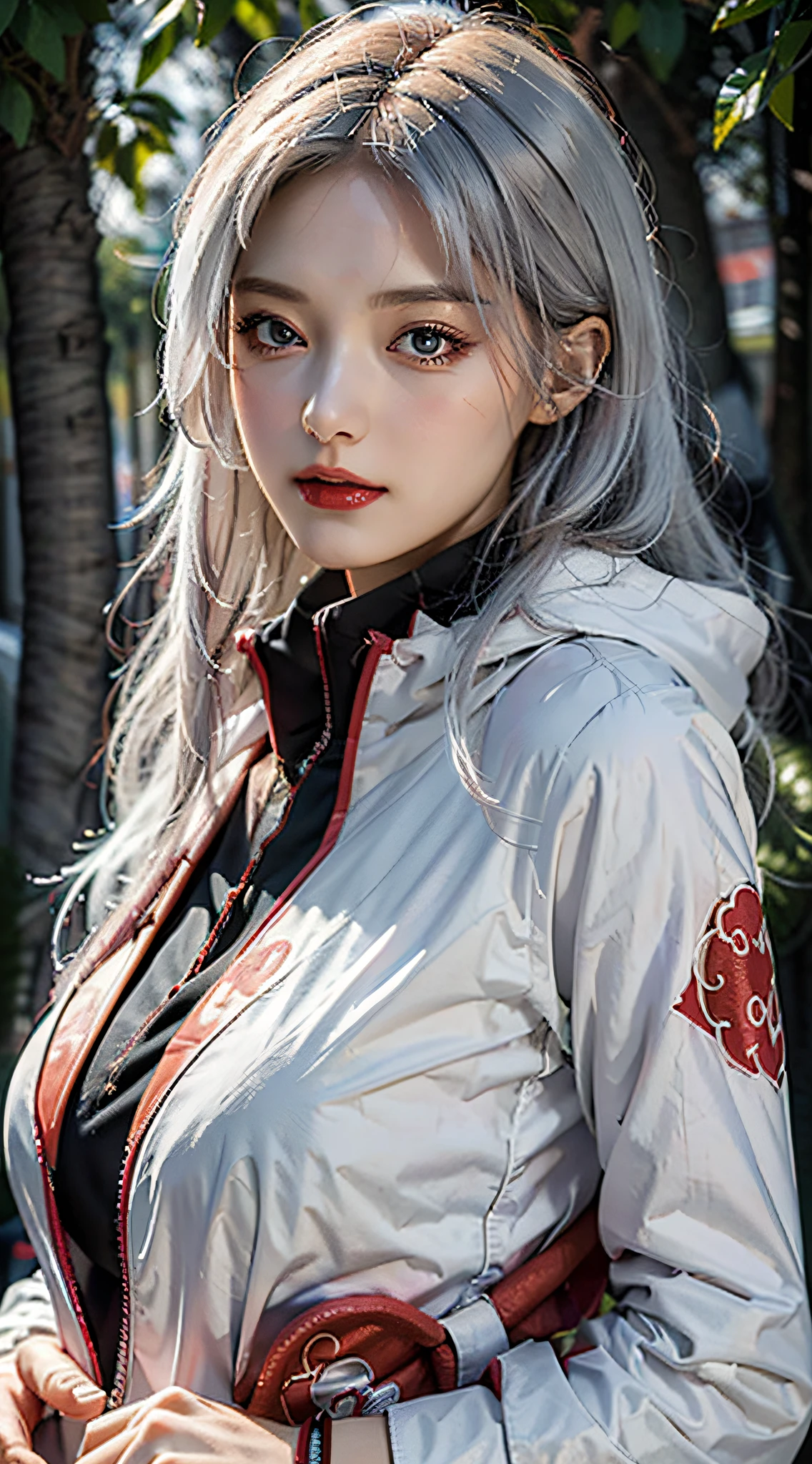 Best quality, masterpiece, high resolution, (perfect body shape), 1girl, detailed face, red lips, white hair, AKATSUKI OUTFIT, ninja, black cloak, black coat, sharingan eyes
