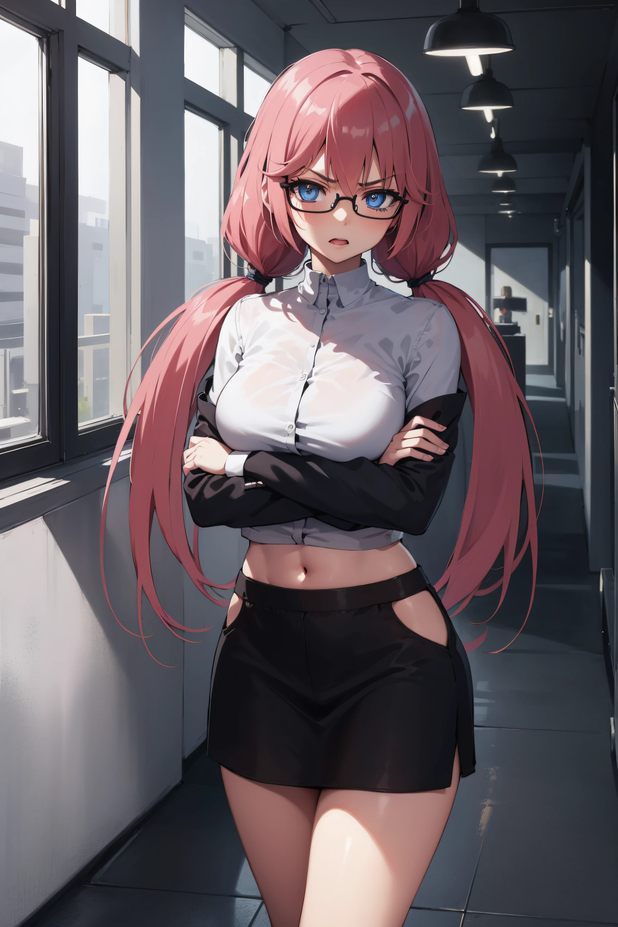 airisakura, airi sakura, blue eyes, glasses, long hair, pink hair, (low twintails:1.5),
BREAK glasses, navel, navel cutout, taut clothes,
BREAK looking at viewer, full body, (cowboy shot:1.5),crossed arms,angry, pov, 
BREAK indoors, classroom,
BREAK (masterpiece:1.2), best quality, high resolution, unity 8k wallpaper, (illustration:0.8), (beautiful detailed eyes:1.6), extremely detailed face, perfect lighting, extremely detailed CG, (perfect hands, perfect anatomy),