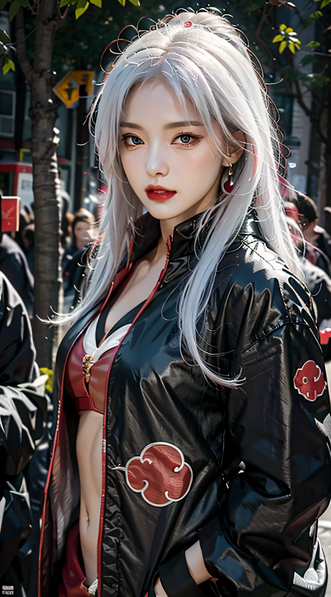 Best quality, masterpiece, high resolution, (perfect body shape), 1girl, detailed face, red lips, white hair, AKATSUKI OUTFIT, ninja, black cloak, black coat, sharingan eyes