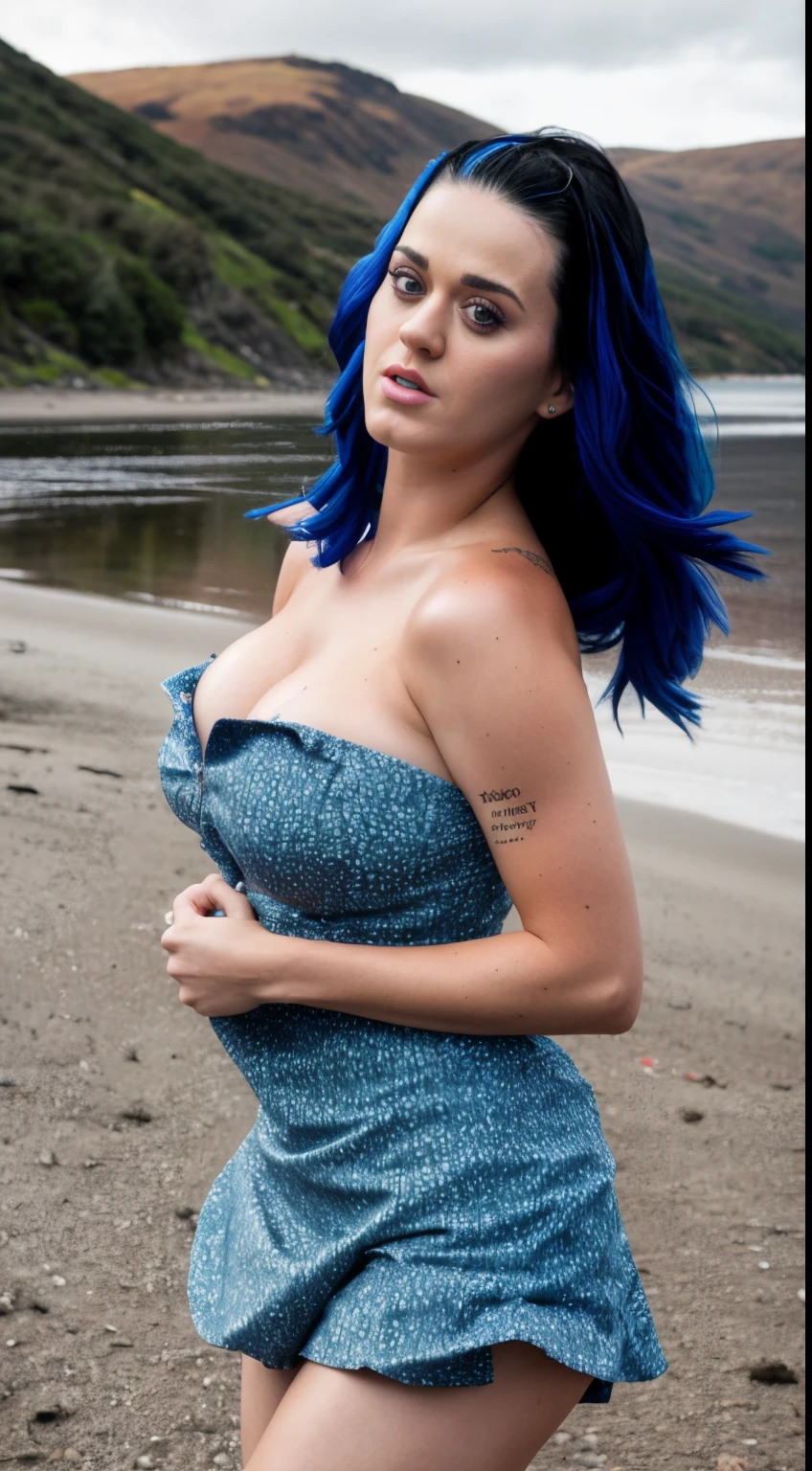 ((high quality Raw photograph of Katy Perry )) , (insanely detailed skin texture,attractive texture, sexy skin,pores,lines) sexy ,photo awarded, upper body woman, blown by wind emerald eyes strapless dress modern [by Jeremy Lipking by Antonio J. Manzanedo by lee jeffries [Nikon D850 film Stock Photography 4 camera kodak portra 400 lens f1.6 rich,  fisheye lens, kilt style, windy beach, Scottish loch, forest, ahegao, soft lighting]