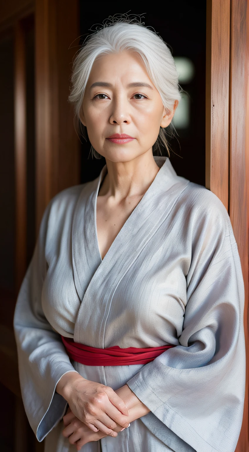 65 years old,(A MILF:1.2), a captivating gaze,long old gray hair,Brown eyes, (A lot of wrinkles on her face:1.4), (There are many wrinkles on her chest1.4),Old Woman, Detailed wrinkles (8K, High resolution,ultra-quality, An ultra-high picture quality,Ultrarealistic,Best Quality,masuter piece:1.2)(breasts are large,Large cleavage:1.1) ,(Old Woman in Japan) , beautyfull wedding dress,eyes visible through hair, Proper eye position,Cinematic Light,Soft light,lower back,Night time,Soft moonlight,detailed color graded background,Convoluted, ighly detailed,8K,Overall silhouette,Bedrooms,Looking down