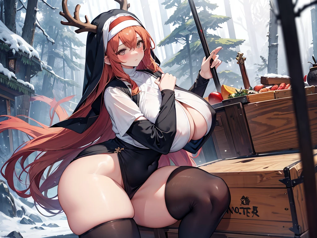 long hair, (tiger girl hair), (nun), big breasts, Big ass, Deer antlers, heavy body, large body, venus body, gigantic large tits, thick thighs, red blush, stockings, winter forest background, dagger,