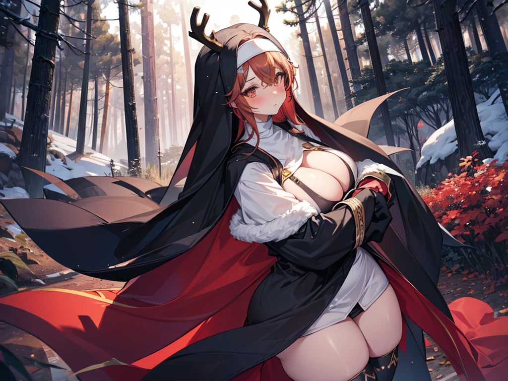 long hair, (tiger girl hair), (nun), big breasts, Big ass, Deer antlers, heavy body, large body, venus body, gigantic large tits, thick thighs, red blush, stockings, winter forest background, dagger,