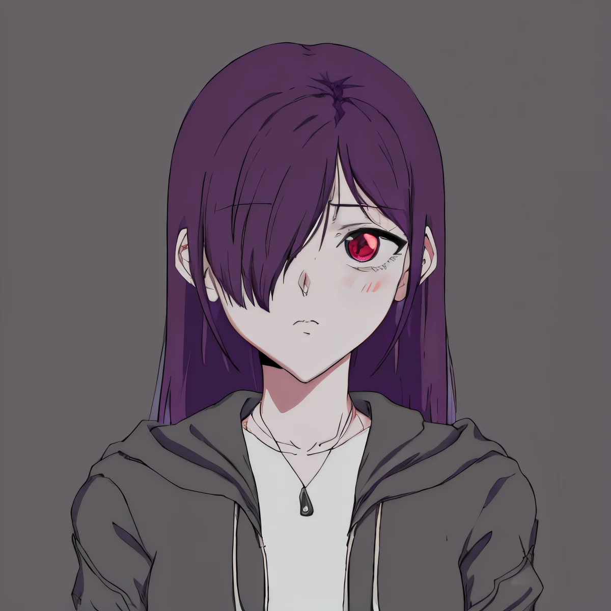 anime girl with Purple eyes and purple hair wearing a hoodie, in an anime style, anime style character, flat anime style shading, in anime style, flat anime style, anime style portrait, portrait of an anime girl, subtle anime style, gapmoe yandere, an anime girl, gapmoe yandere grimdark, clean detailed anime style, semirealistic anime style
