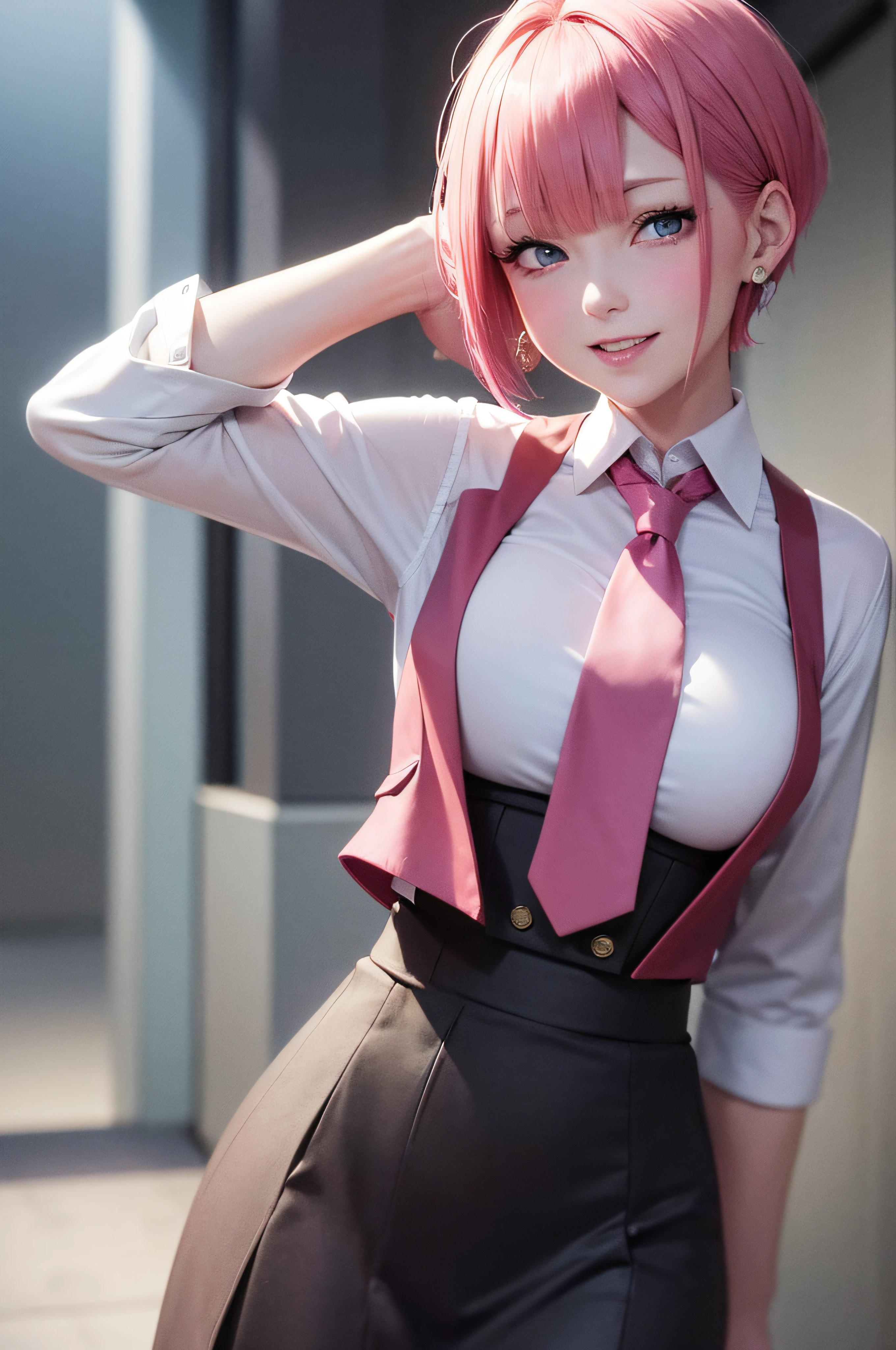 8k, high resolution, masterpiece, illustration, extreme details, adult, mature, pink short hair, blue eyes, large breast, blushing, laughing, happy, decent, modeling, business attire, necktie, earing, vest, polo, skirt, professional, formal,