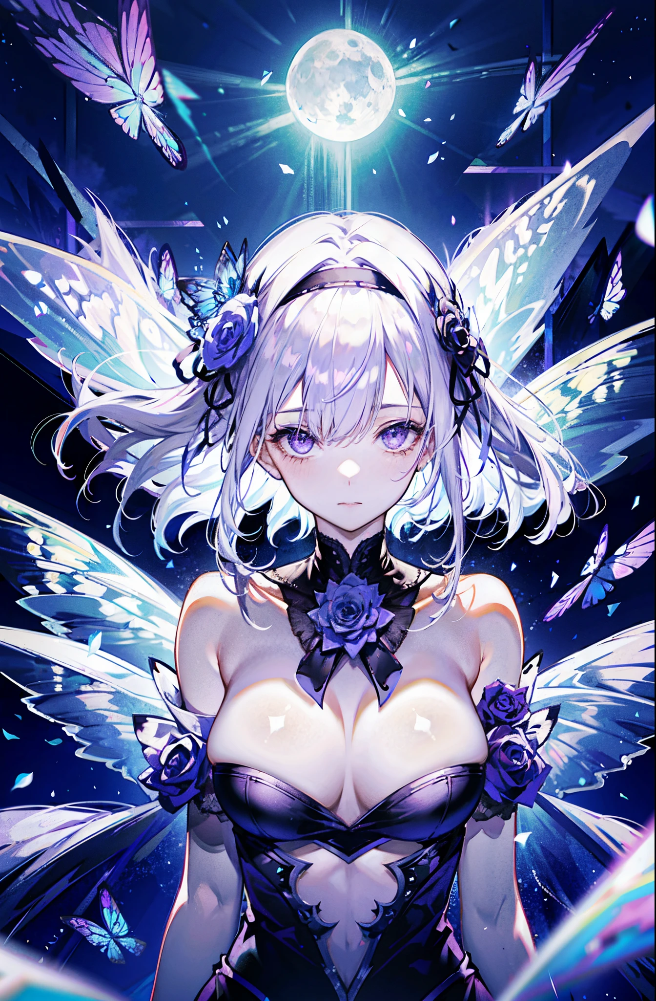 silber hair,butterflys,Long gray hair,8k wallpaper,detailedbackground,Highest high resolution,Deep V large breasts,hair covering one eye,Bando,Church background,purple roses,Tight,themoon,