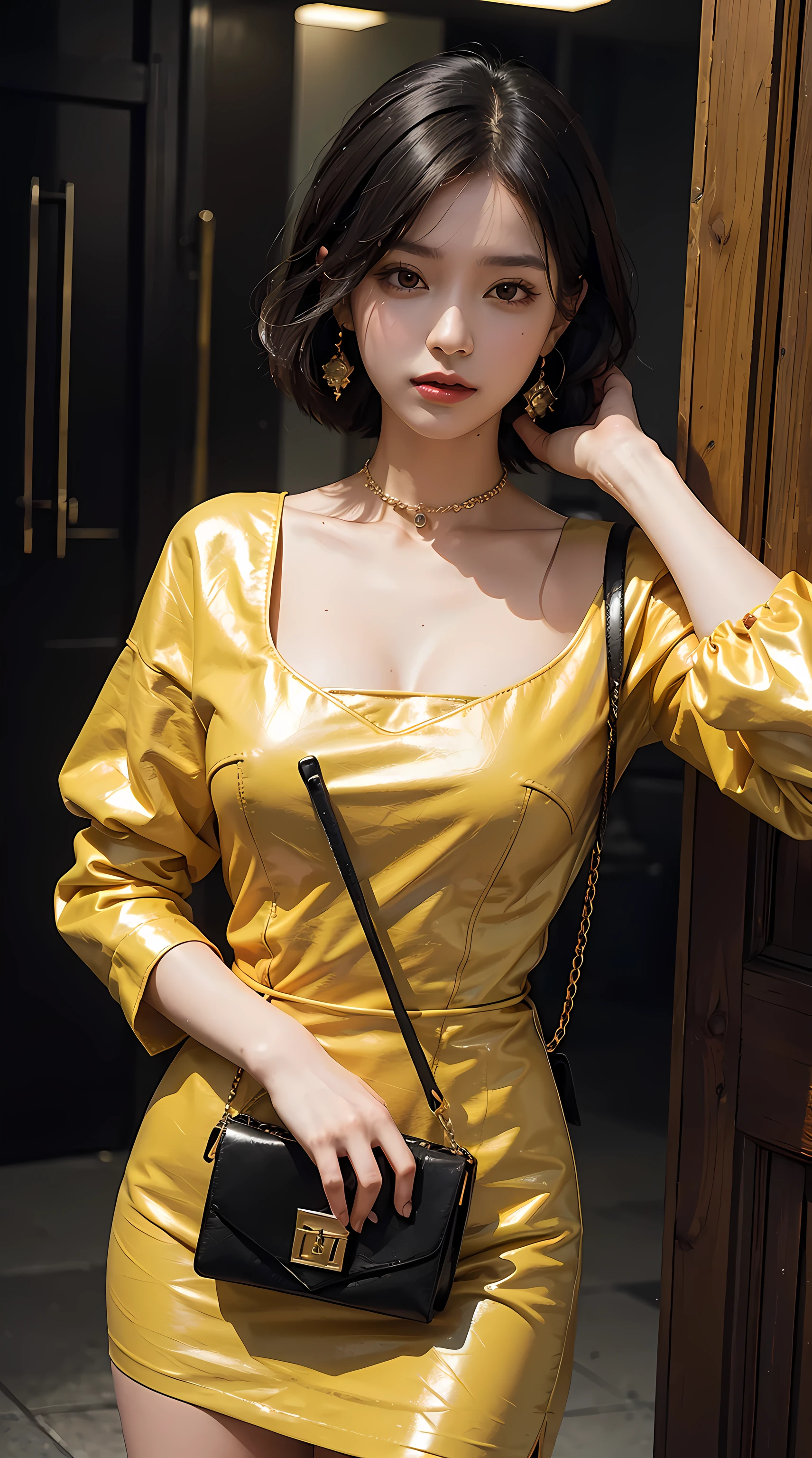 a woman, black hair, short hair, wearing earrings, wearing a handbag, wearing a dress, yellow, realism, masterpiece, textured leather, super detailed, high detail, high quality, best quality, 1080p, 16k