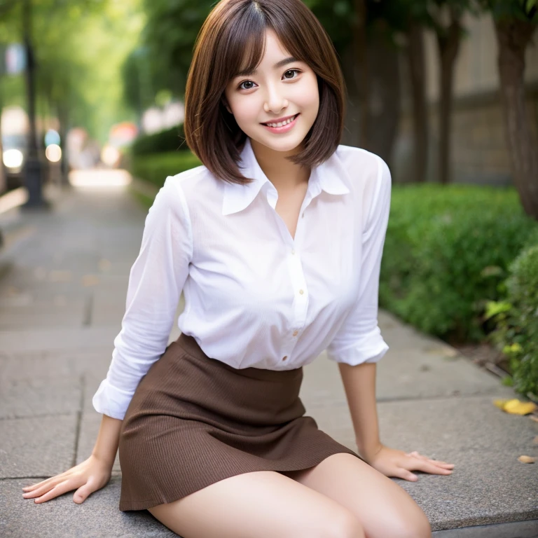 Arab Asian woman with short brown hair posing for a photo, Beautiful Asian Girl, young cute wan asian face, Gorgeous young Korean woman, Realistic Young Gravure Idol, girl cute-fine-face, Beautiful young Korean woman, the face of a beautiful Japanese girl, With short hair, cute seductive smile, friendly seductive smile, Young adorable Korean face、I'm wearing a skirt、The skirt is flipped up、thighs look big、