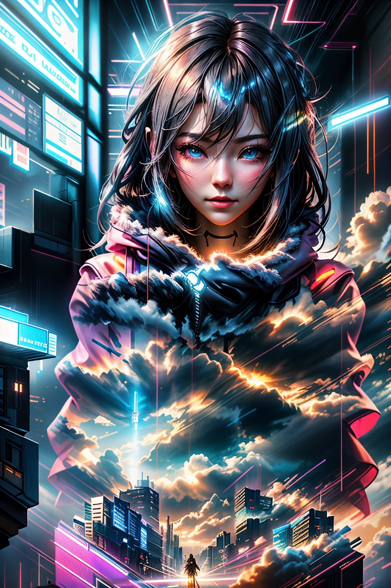 cyberpunk [foggy cityscape in the distance : very pretty girl, city:0.33] immersed in a giant flow of wind, living in a thunder cloud, behind the cloud, (double exposure:1.3), photo by Brandon Woelfelmist, surreal dream, gray atmosphere, rainy day, dynamic, lut, hdr, silhouette