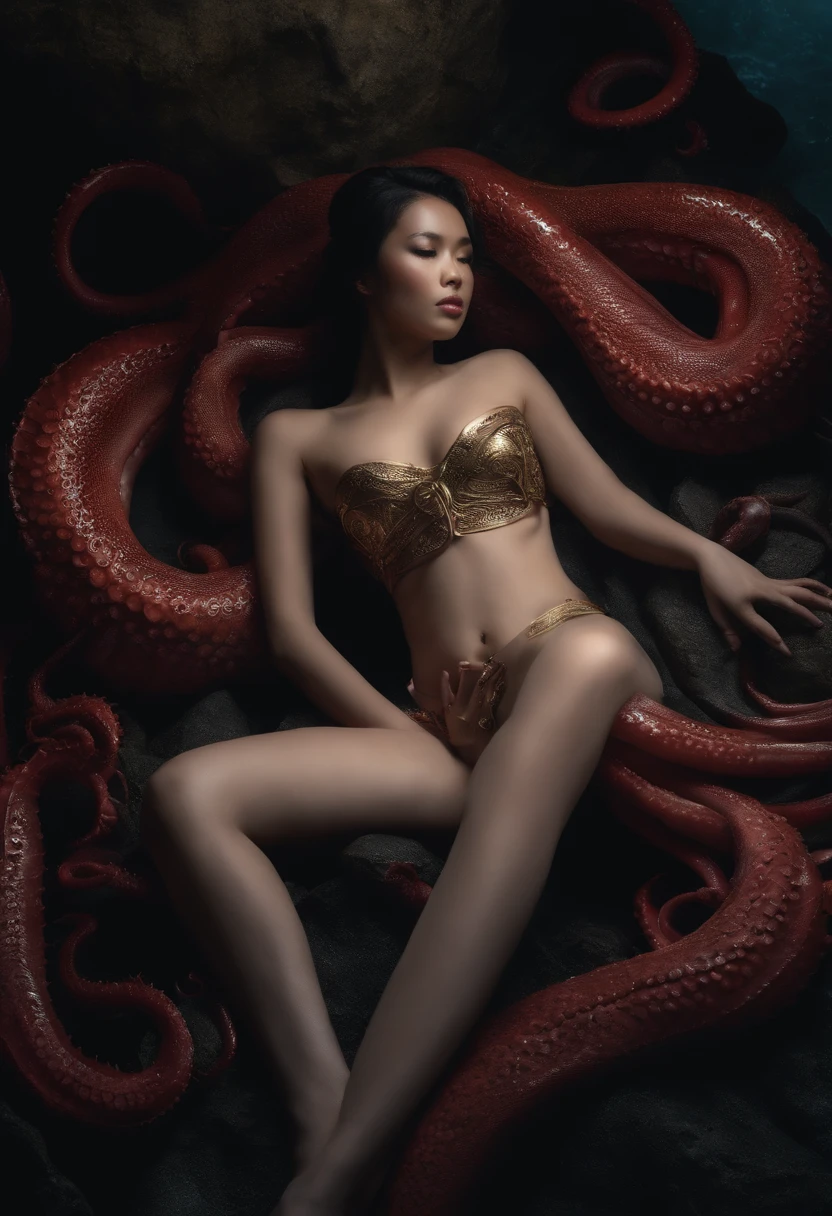 in the dungeon,Small space,Covered with tentacles, Tentacles around the body, many tentacles, Fine details,Tentacled,Tied with tentacles,- I will be vaginal shot,drooling,Crying,Detailed body,Full limbs,asian s girl