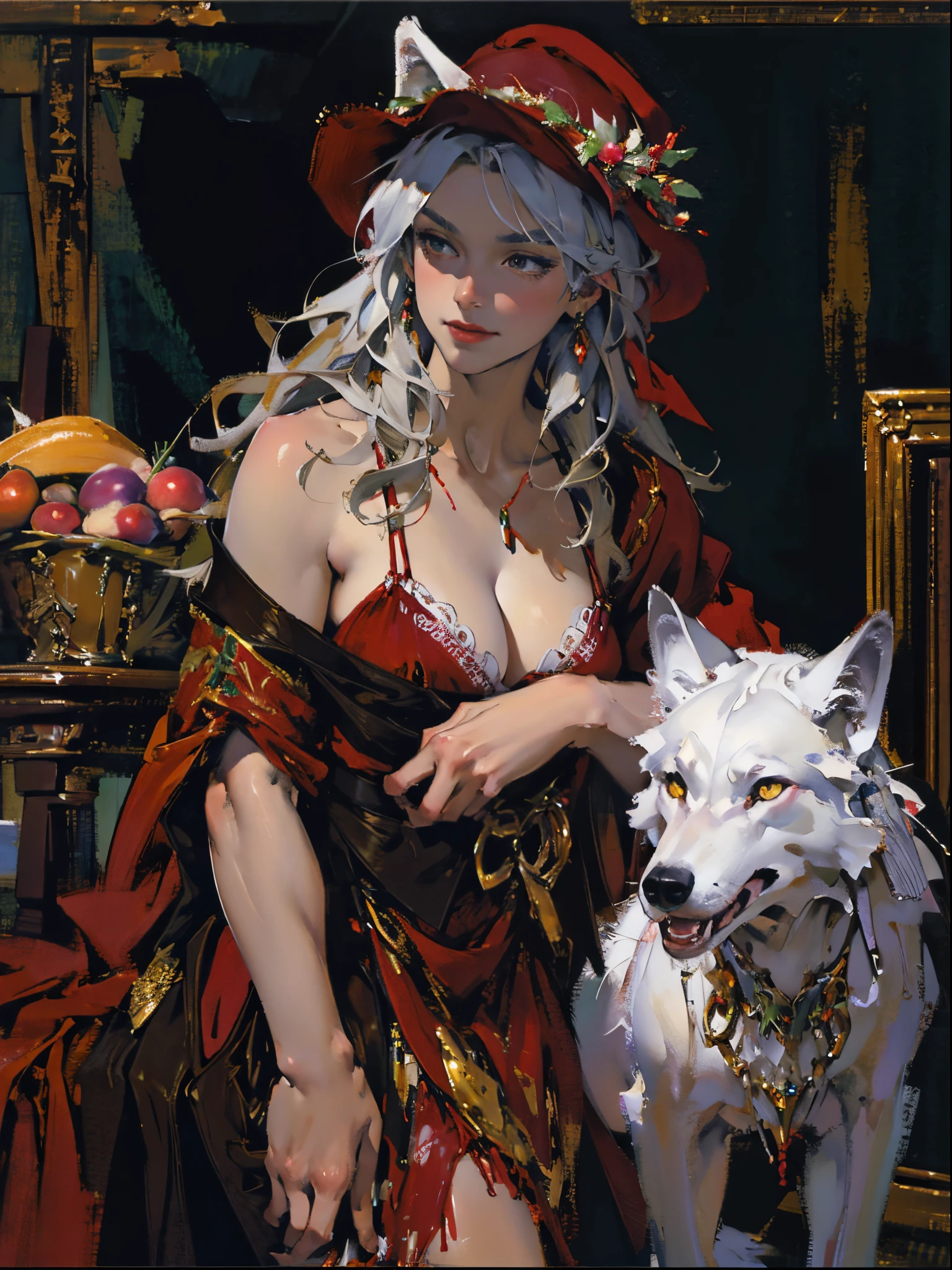 Describes the scene where the girl in red meets the wolf,(((white wolf))),Quiet and harmonious atmosphere,Dramatic composition,warm color palette,plethora of colors,Correct anatomy,Detailed faces, 詳細な目,(Girls wear:red shawl,Red Hat,laced dress,Red Hat, cloaks, Large bra, a skirt, Red dress,Carrying a basket of fruit),Background with:luring,natural lightting, Candy House,a fairy world,Close-up cleavage,Charming and sexy legs,((Sexual suggestiveness)),Correct anatomy,Detailed face, Detailed eyes,(post impressionist),(Fechin Oil Painting - Fechin Oil Painting , oil painted), 01