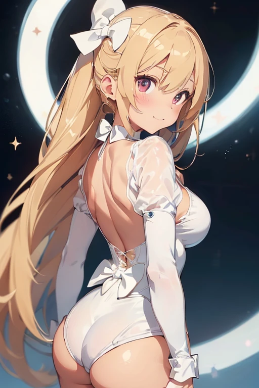 8k, top quality, masterpiece, 1girl, (Her right knee is on the ground, with her left leg extended behind her, Her right arm is extended overhead, with her left arm at her side), backe-side view, (white nylon leotard, friled, cute bow on her waist, revealing necklines:1.6 ), slim and soft, translucent skin, beautiful blonde hair, very long hair, bang style, the skin is fair and juicy, super cute,  asian girl, super big cute eye, shiny heart shaped pupils, round face, beautiful breast, slim curve, smiling full of compassion, full of love, ashamed, (focus on her back :1.4),
