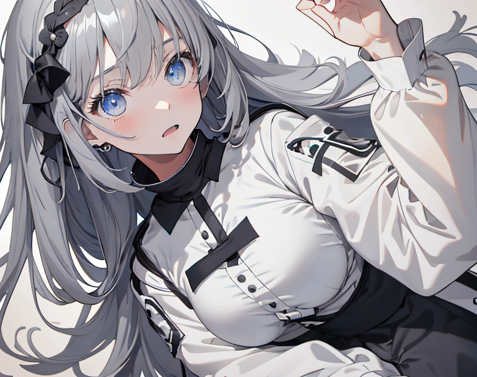 【Highest Quality, masutepiece】 [girl, Manteau, expressioness, blue eyess, Black hair, Happy, Upper body] (Gray white background:1.7), Surprised,large full breasts, white  clothes,