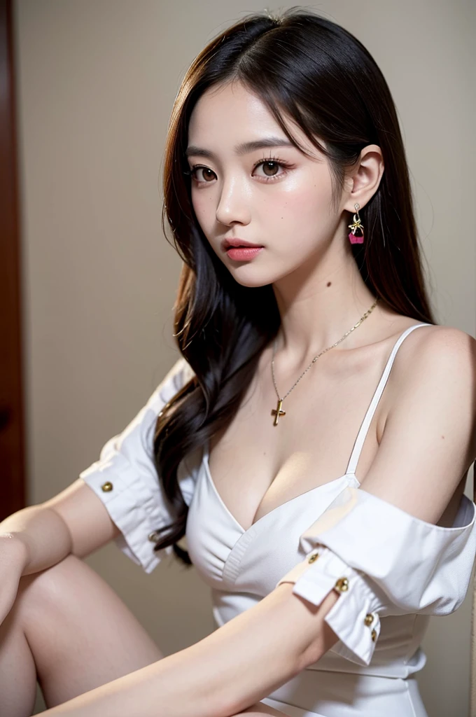 Exquisite，tmasterpiece，beautifuldetails，rich colourful，exquisite detailing，delicate lips，Complicated details，Cleavage is large，1人の女性，（A beautiful 20 year old cute Korean woman：1.1），（K-pop idol，Korean mixed），（50mm sigma f / 1.4 ZEISS lens，f1.4，1/800s，ISO 100，Photo grab：1.1），（Brunette 1.2），（フォトリアリスティック：1.4），（spy：1.2），（On the cheongsam）， ear nipple ring， cross necklace， （pretty legs， High girls， being thin， Slim_law， upper legs_the gap， role model： 1.2 ）， Photographed， Flare from the front， （very cool expression）， hand on the head， Spread your legs 1.2， vaginal thrust， （putting makeup on： 1.2）