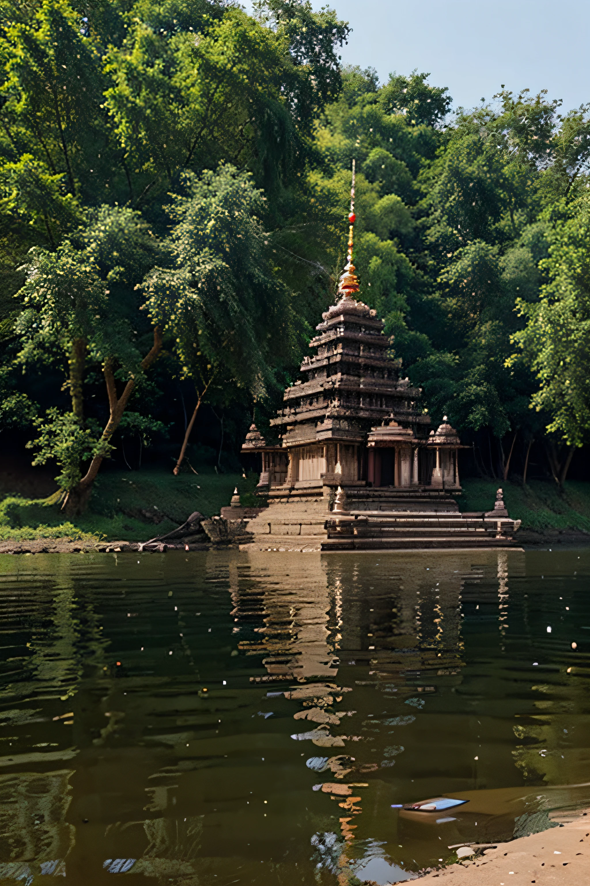Create an image of north Indian temples on the river bank
